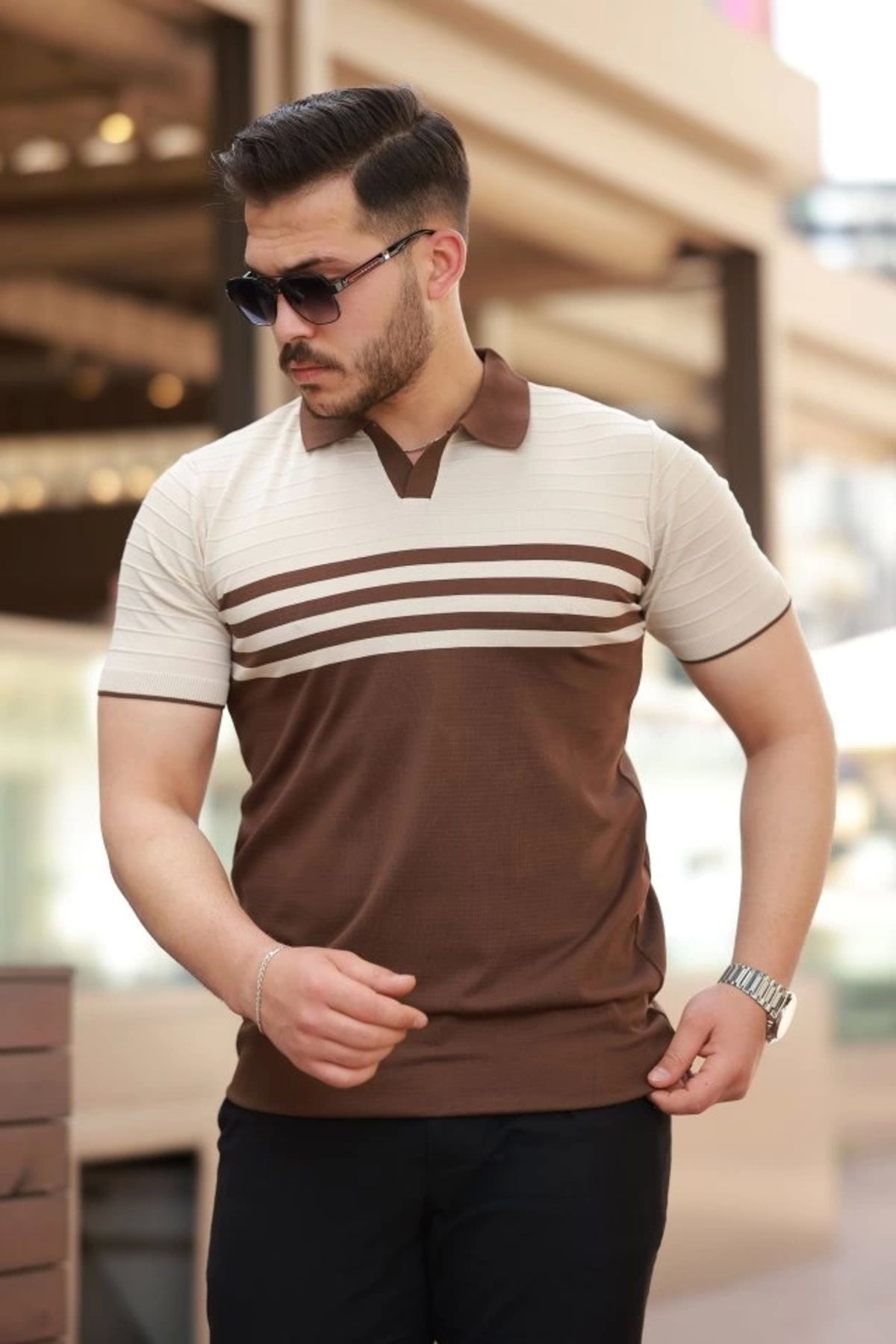 Silerra Erkek çizgi Desenli Yakalı Kısa Kollu T-shirt