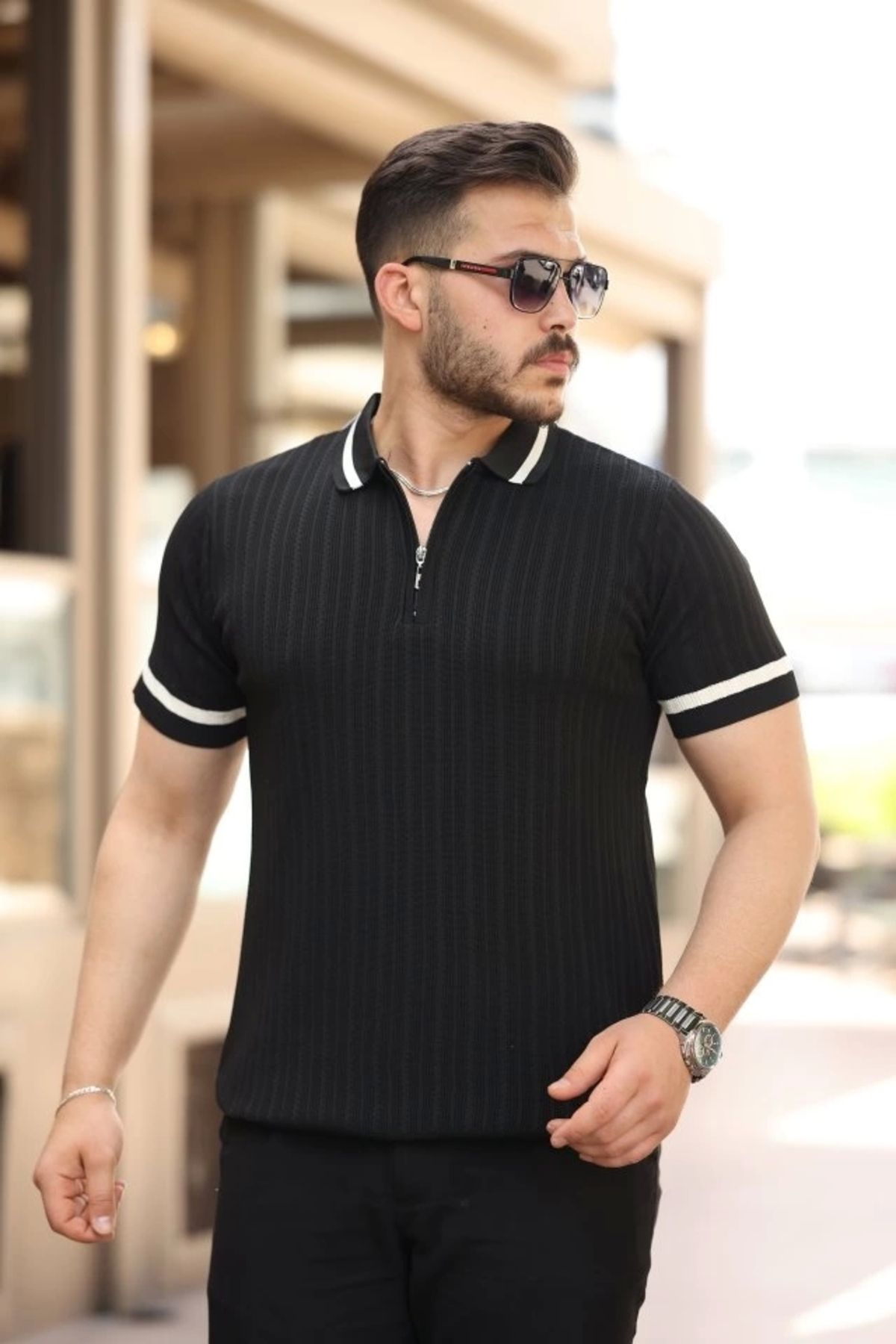 Silerra Erkek Yaka Ve Kolları çizgi Detaylı Fermuarlı Kısa Kollu T-shirt
