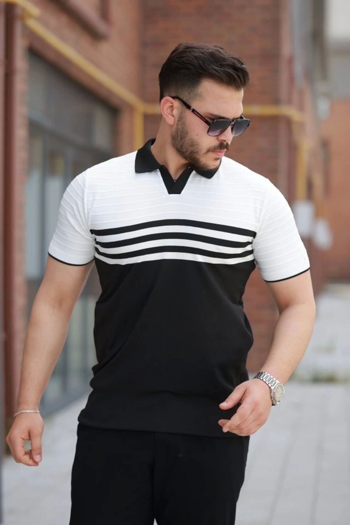Silerra Erkek çizgi Desenli Yakalı Kısa Kollu T-shirt