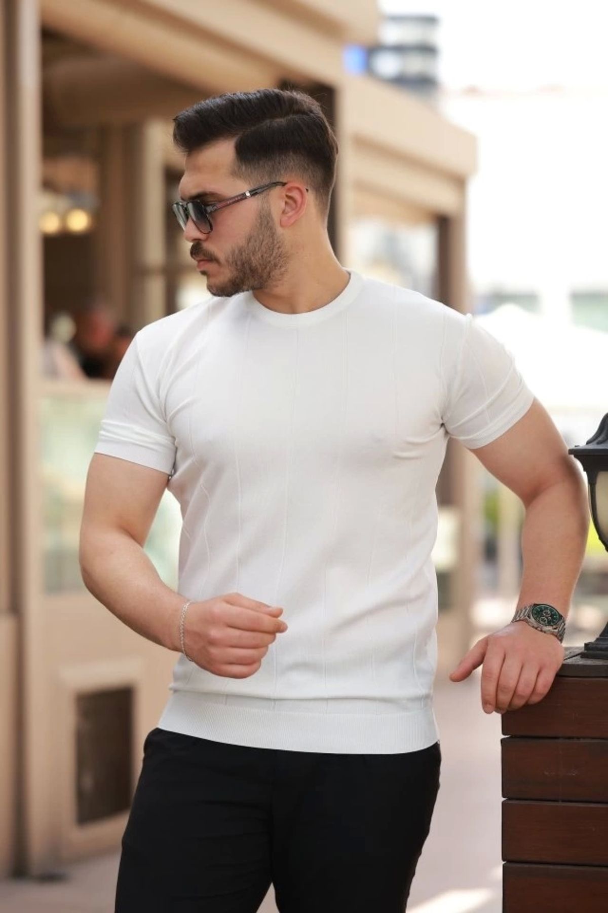 Silerra Erkek Ince çizgi Dokulu Bisiklet Yaka Kısa Kollu T-shirt