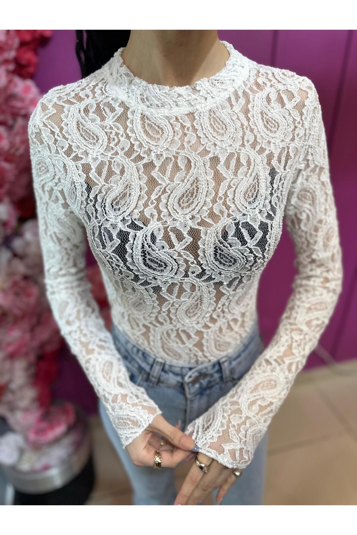 LRS SHOP beyaz uzun kol dantelli transparan bluz