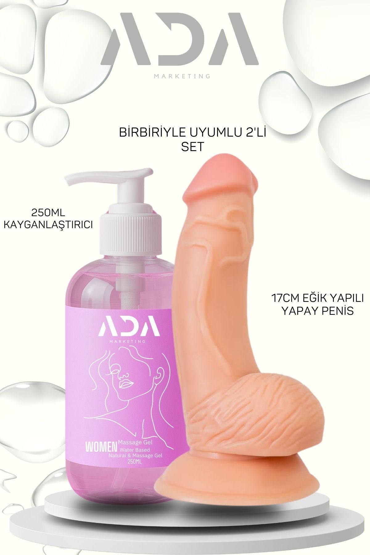 Ada Marketing Çilek Aromalı Kayganlaştırıcı Jel + 17 cm Kalın Yapay Seti – 250 ml, Esnek Yapı