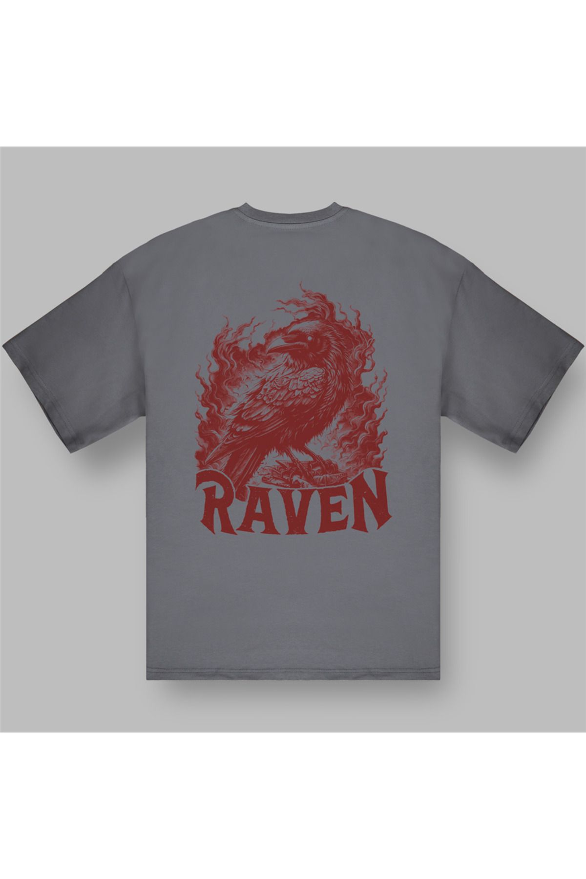 BOYANOVA Kırmızı Kuzgun RAVEN Baskılı Gri Tişört