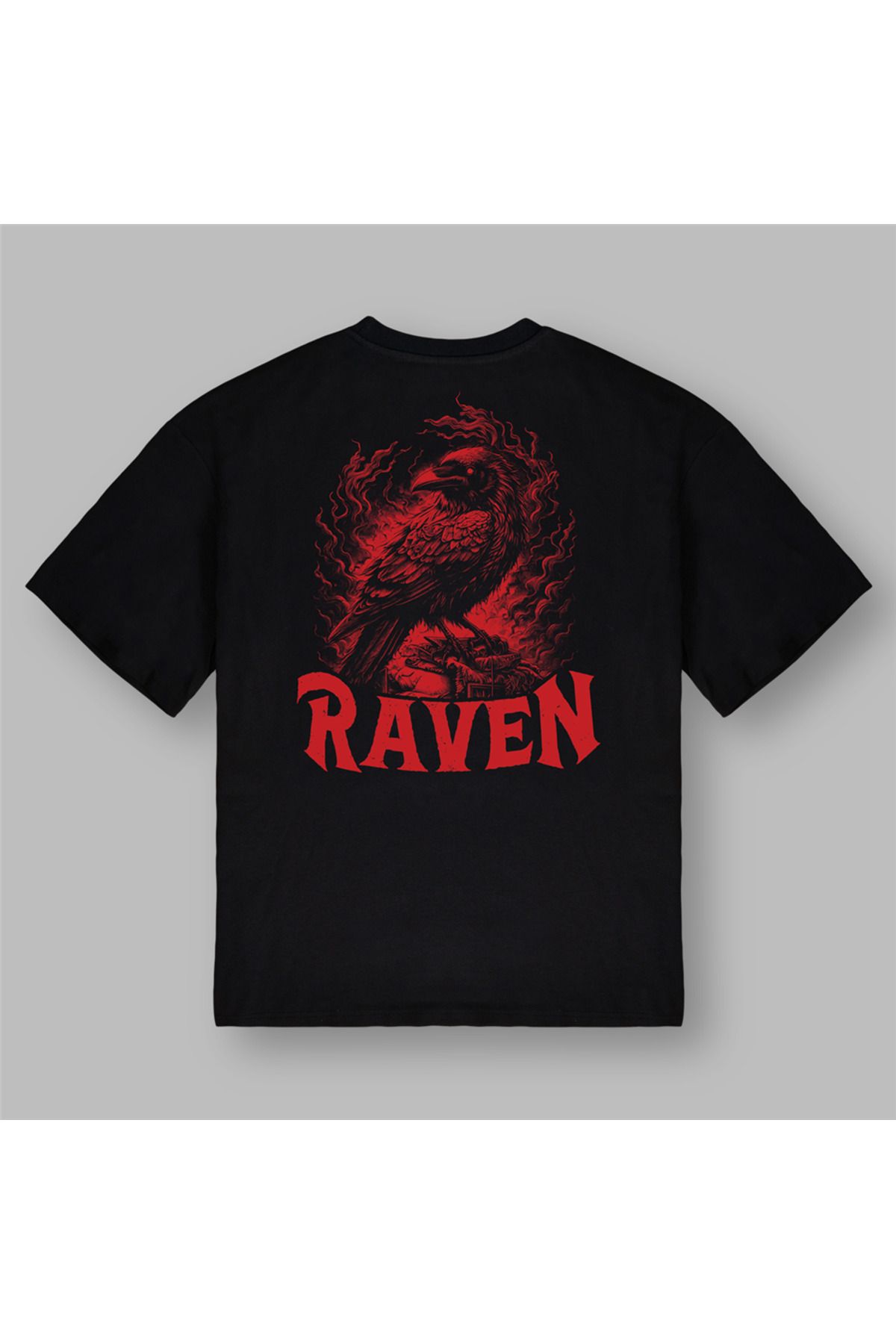 BOYANOVA Kırmızı Kuzgun RAVEN Baskılı Siyah Tişört