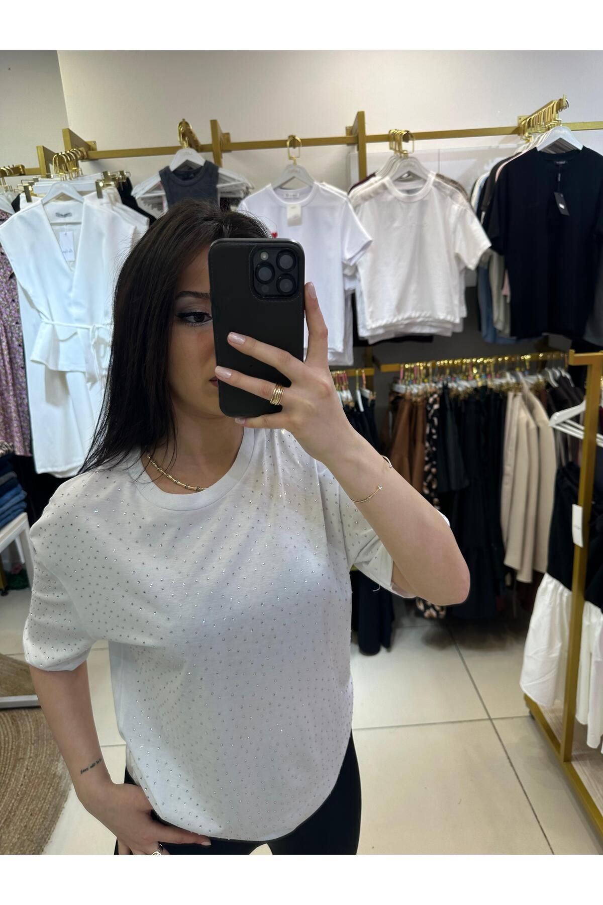 LRS SHOP beyaz taşlı tshirt