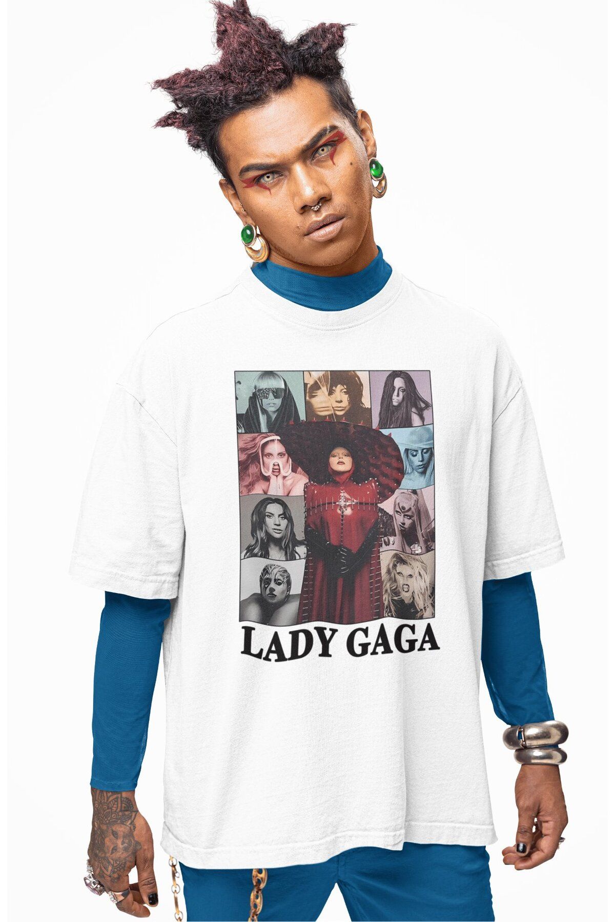 Fuddy Moda Unisex Lady Gaga Baskılı Tişört, Oversize Müzik Temalı T-shirt