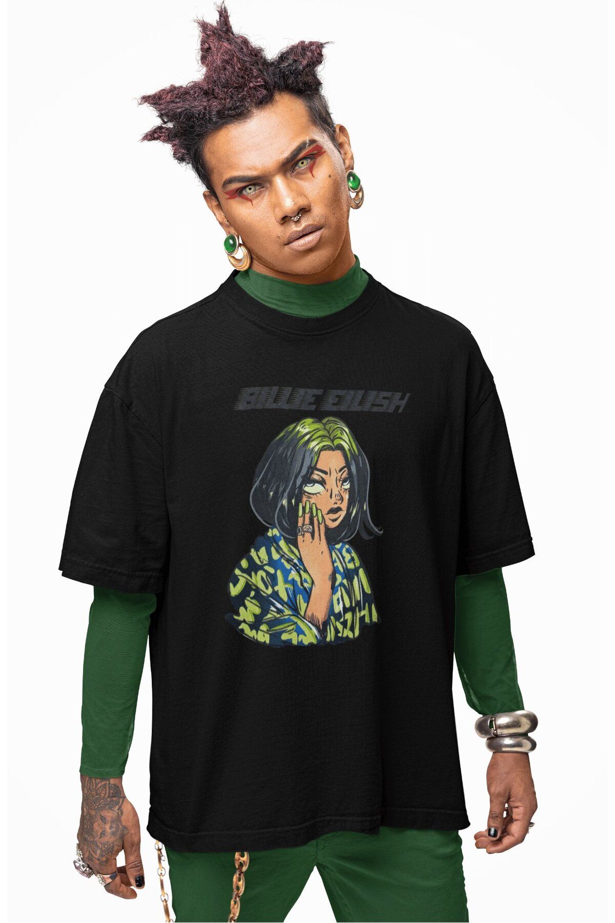 Fuddy Moda Unisex Cartoon Style Billie Eilish Baskılı Tişört, Oversize Müzik Temalı T-shirt