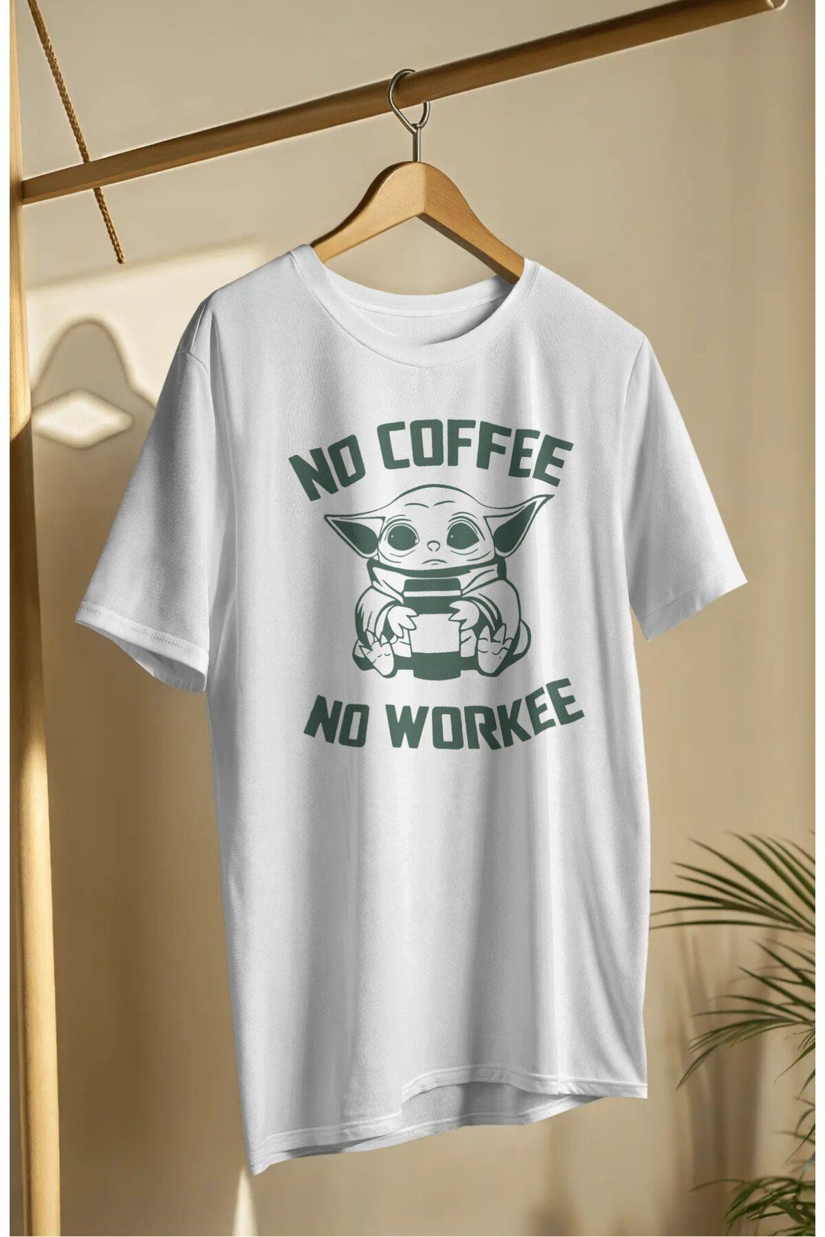 Fuddy Moda Unisex No Coffee No Workee Yazılı Tişört, Oversize Baby Yoda Temalı T-shirt