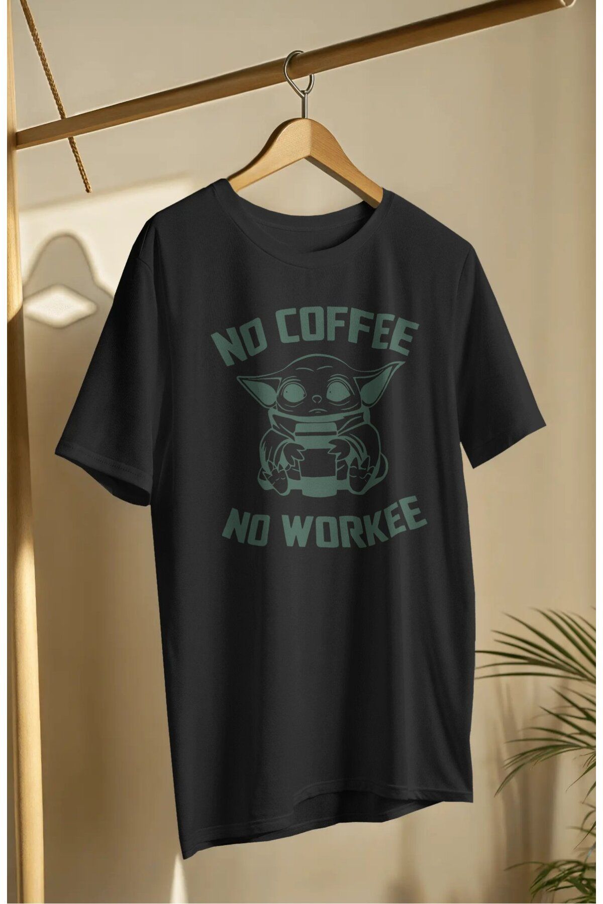 Fuddy Moda Unisex No Coffee No Workee Yazılı Tişört, Oversize Baby Yoda Temalı T-shirt