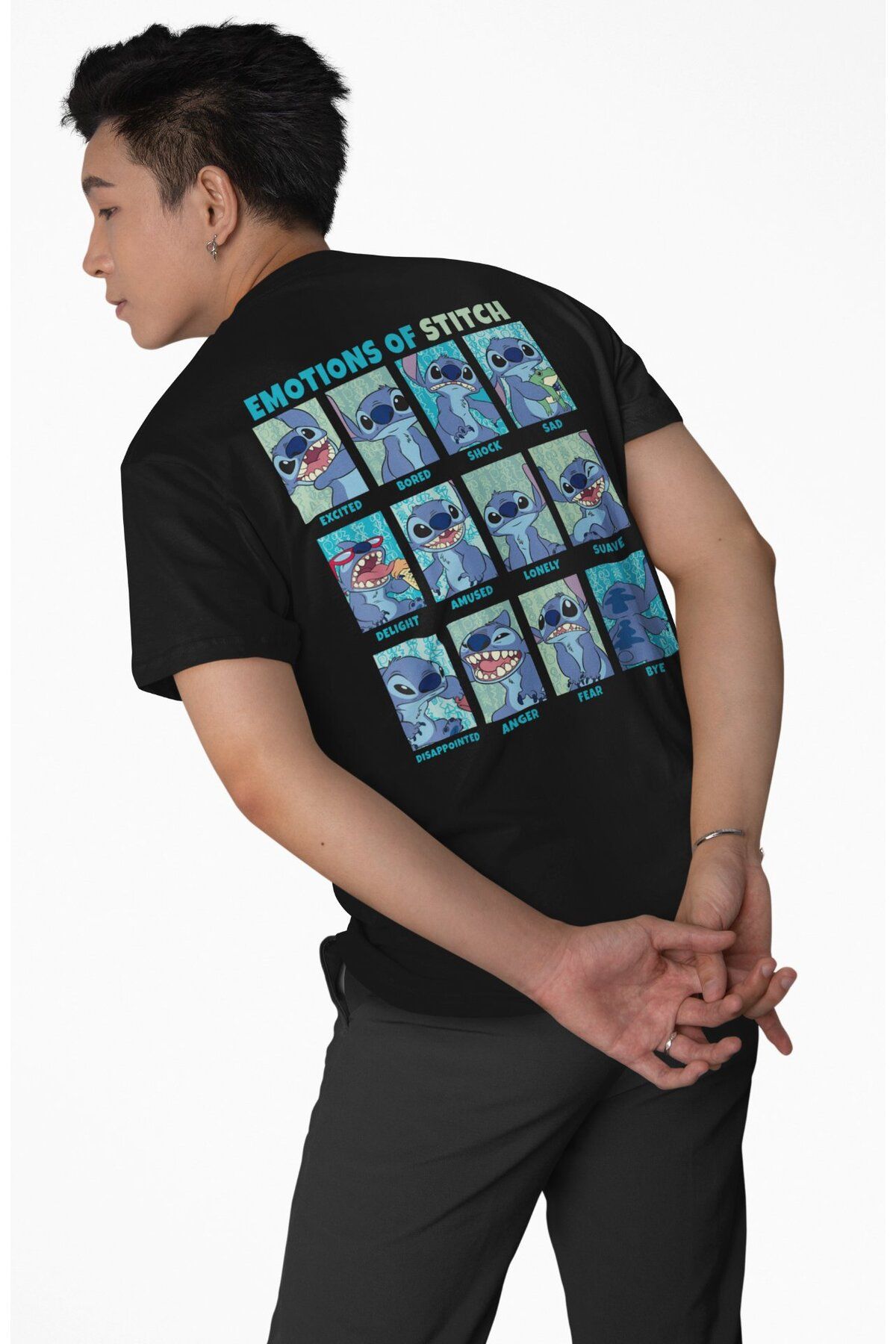 Fuddy Moda Unisex Emotions Of Stich Sırt Baskılı Tişört, Oversize Çizgi Film Temalı T-shirt