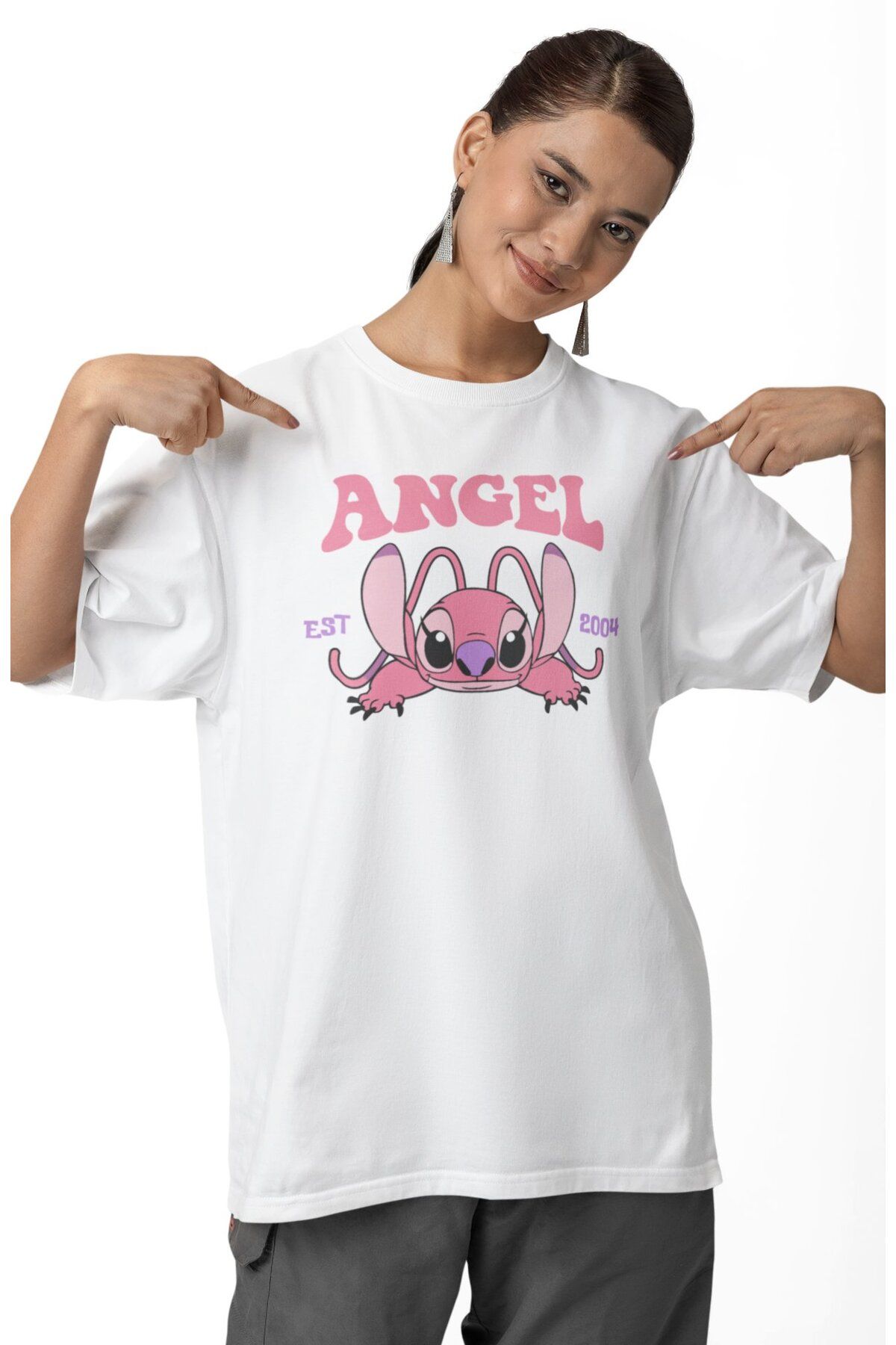 Fuddy Moda Oversize Angel Est 2004 Yazılı Tişört, Unisex Sevimli Çizgi Film Karakteri Temalı T-shirt