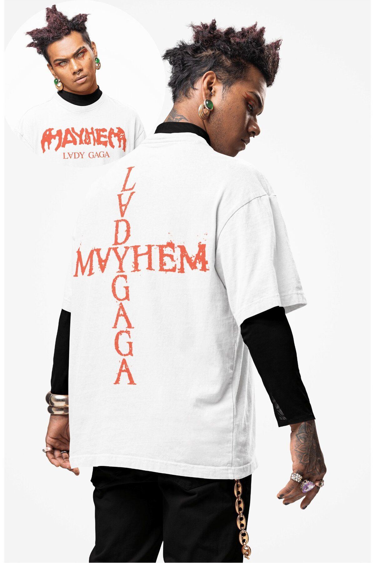 Fuddy Moda Unisex Mayhem Ve Lady Gaga Sırt Baskılı Tişört, Oversize Müzik Temalı T-shirt