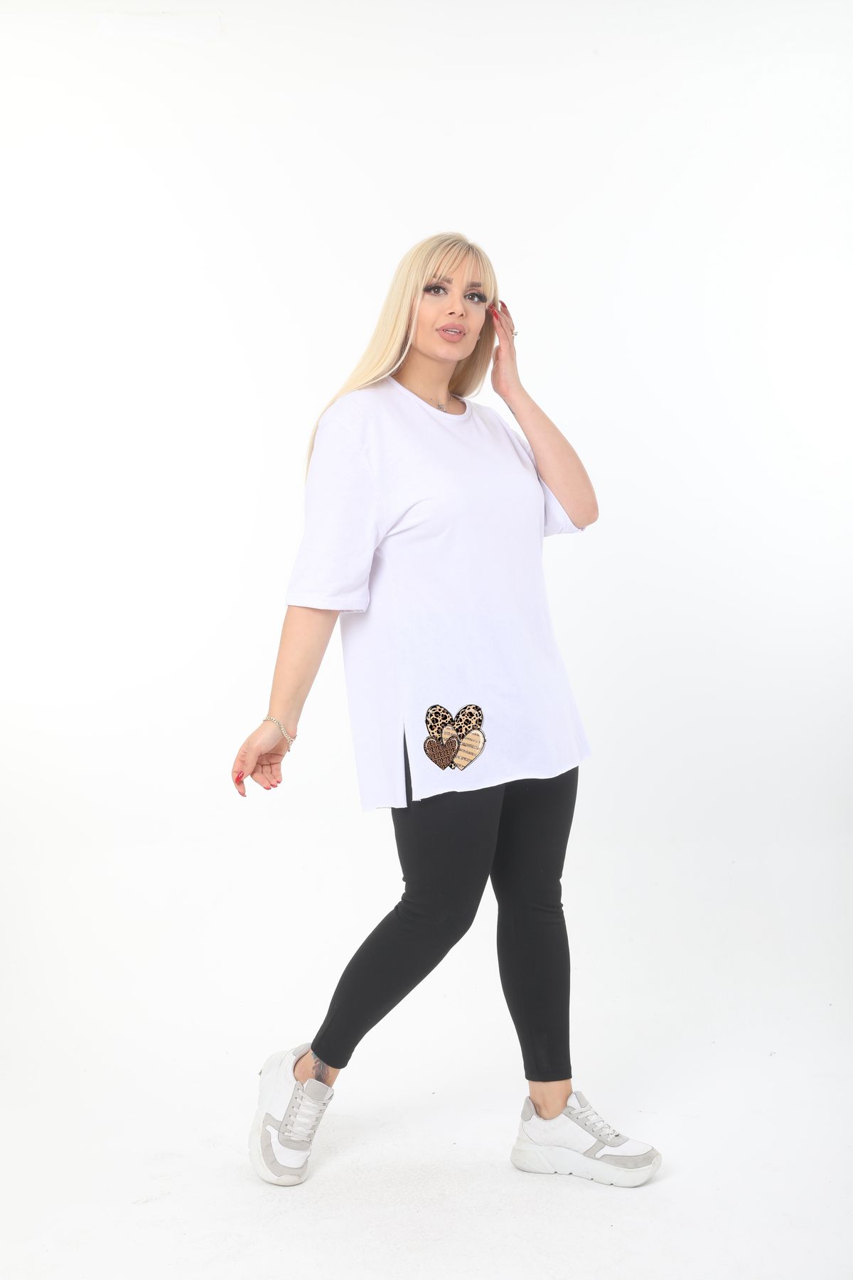 Ciao Kalp baskılı beyaz pamuk oversize tişört