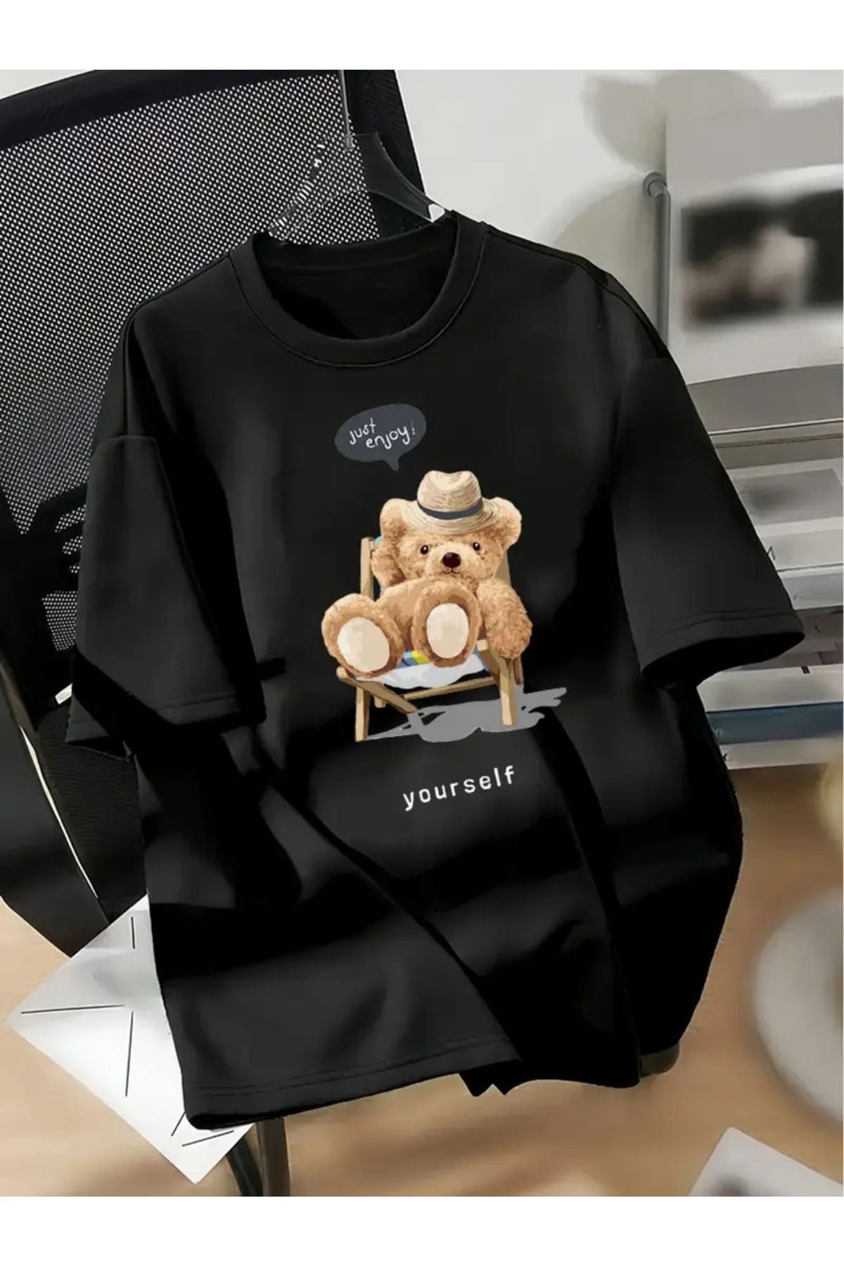 Massgai Unisex Bear Just Enjoy Yourself Baskılı Oversize %100 Pamuk T-shirt