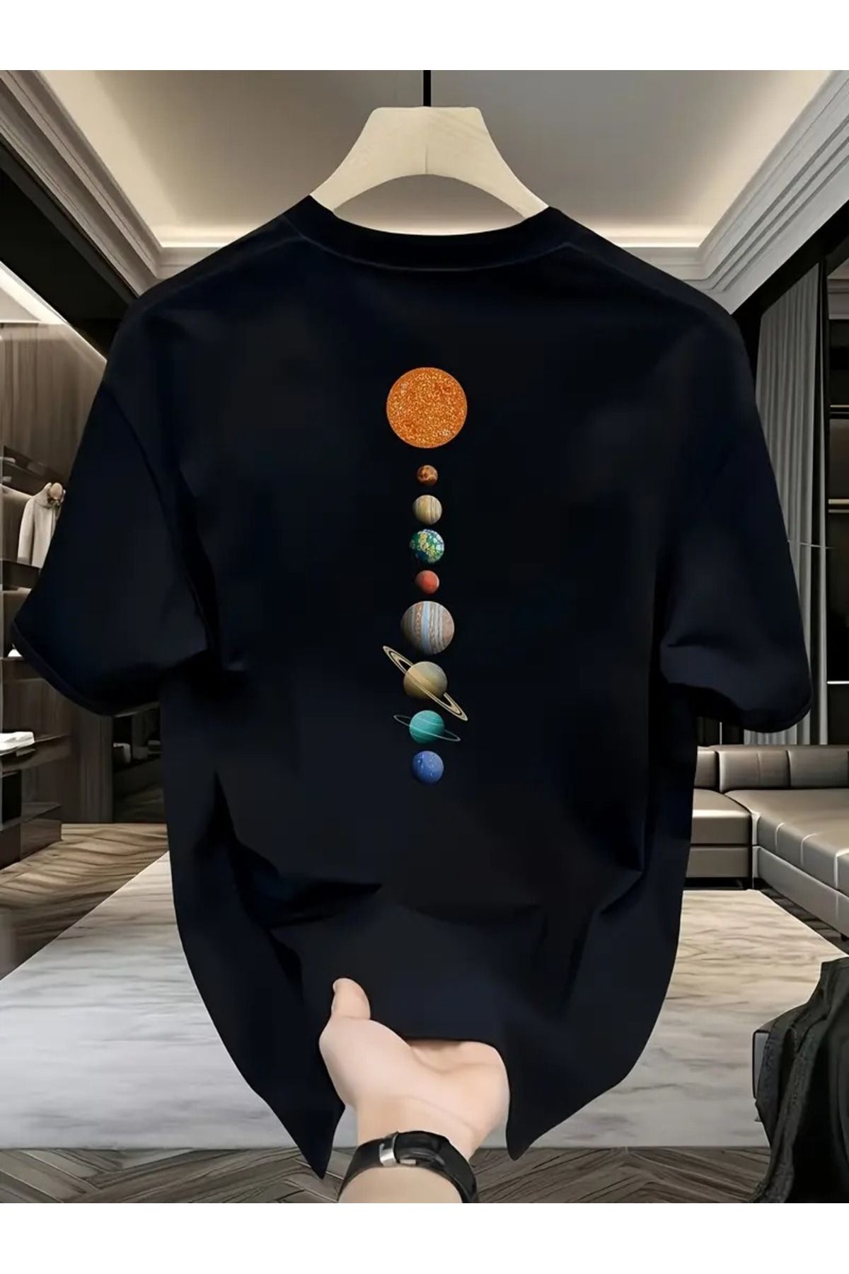Massgai Unisex Sun System Astronot Baskılı Oversize %100 Pamuk T-shirt