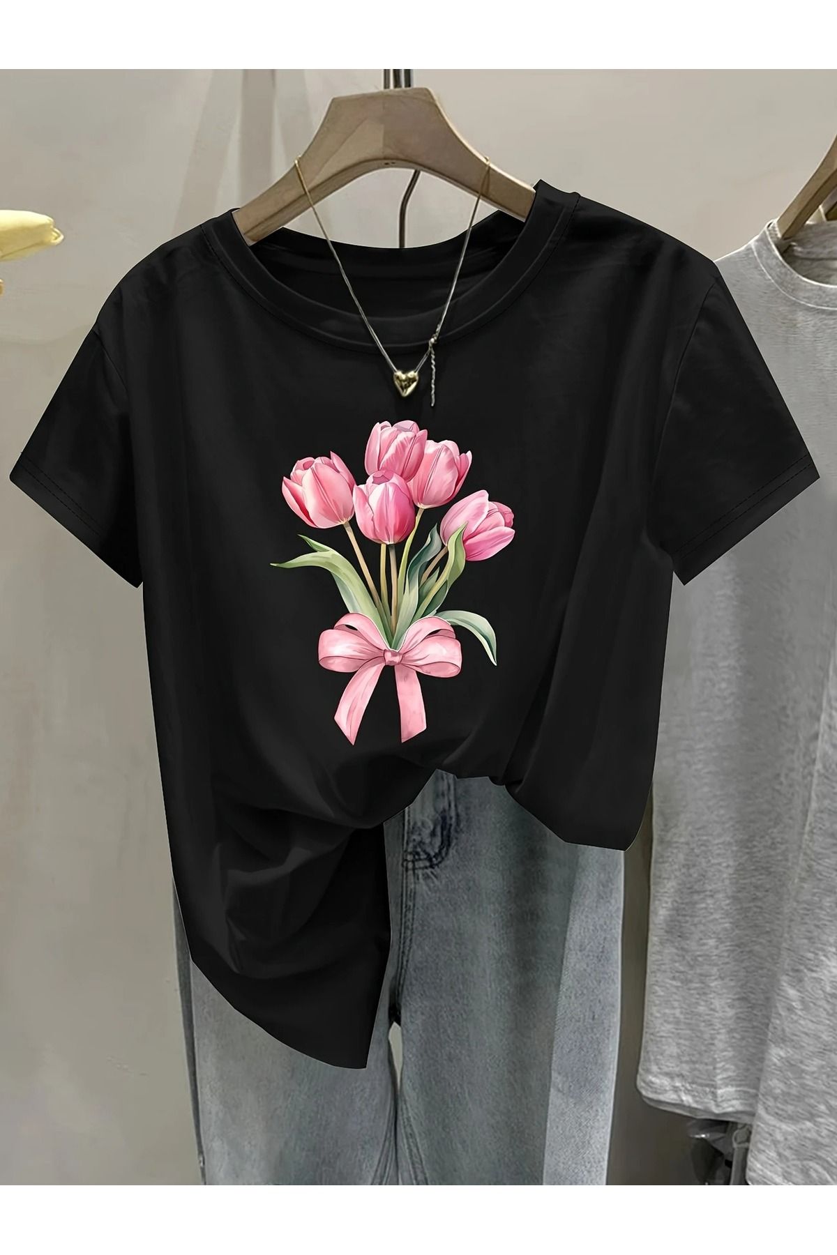 Massgai Unisex Pink Flower Çiçek Baskılı Oversize %100 Pamuk T-shirt