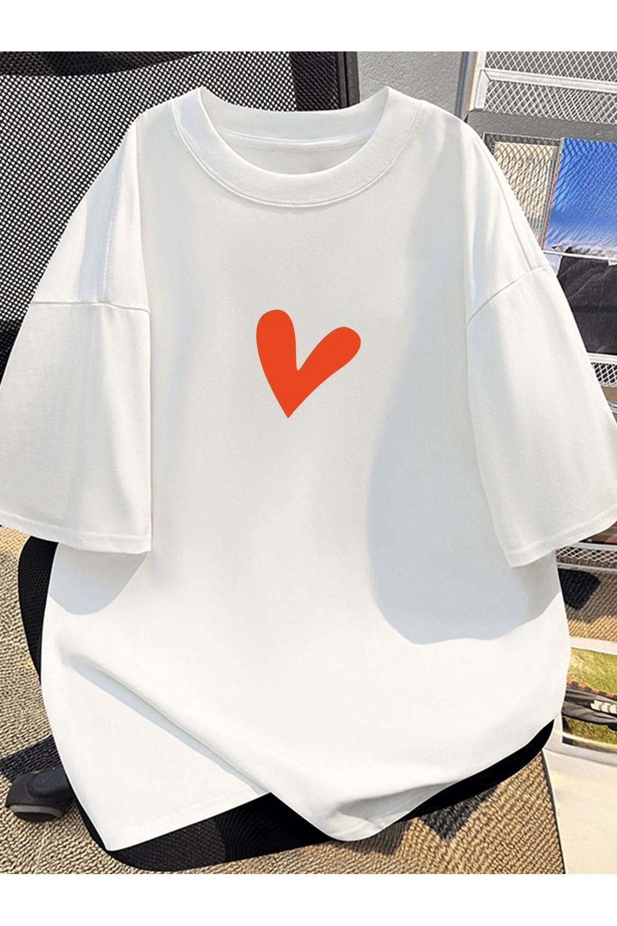 Massgai Unisex Orange Heart Kalp Baskılı Oversize %100 Pamuk T-shirt