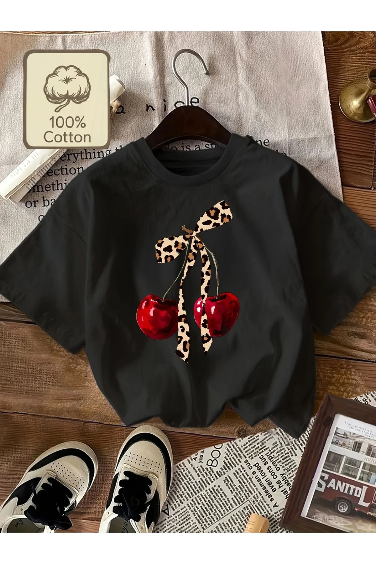 Massgai Unisex Cherry Ribbon Leopar Baskılı Oversize %100 Pamuk T-shirt