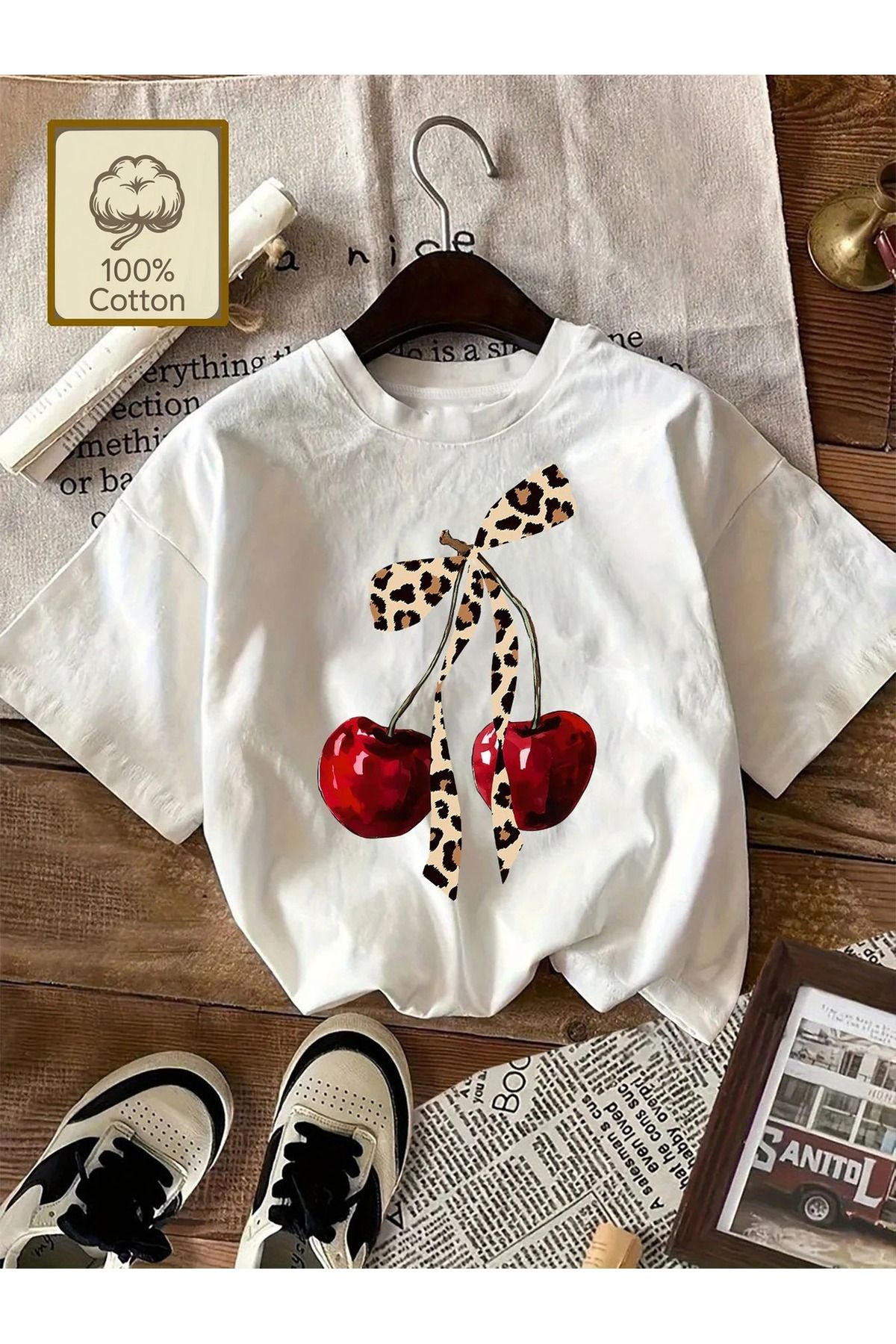 Massgai Unisex Cherry Ribbon Leopar Baskılı Oversize %100 Pamuk T-shirt