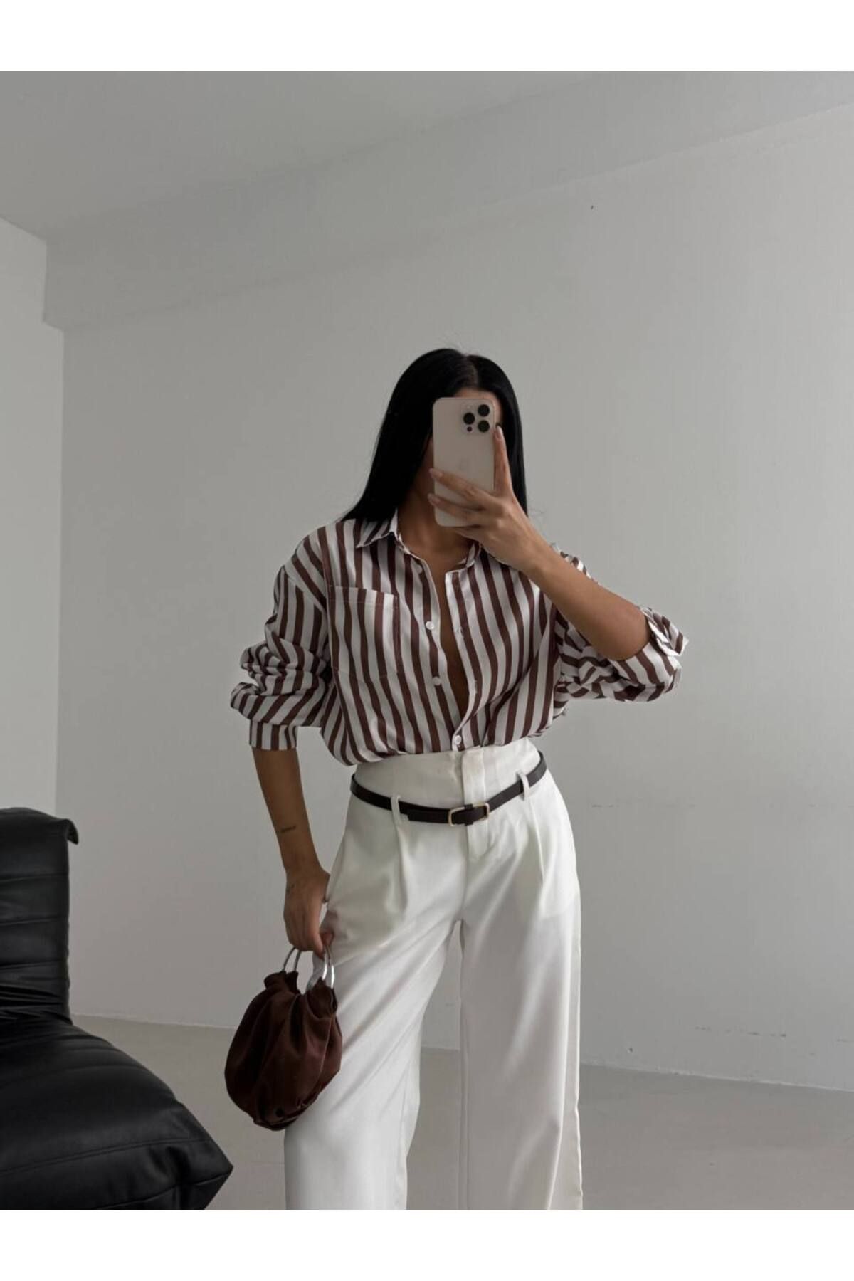 Castivo Fashion Çizgili Saten Düğmeli Gömlek