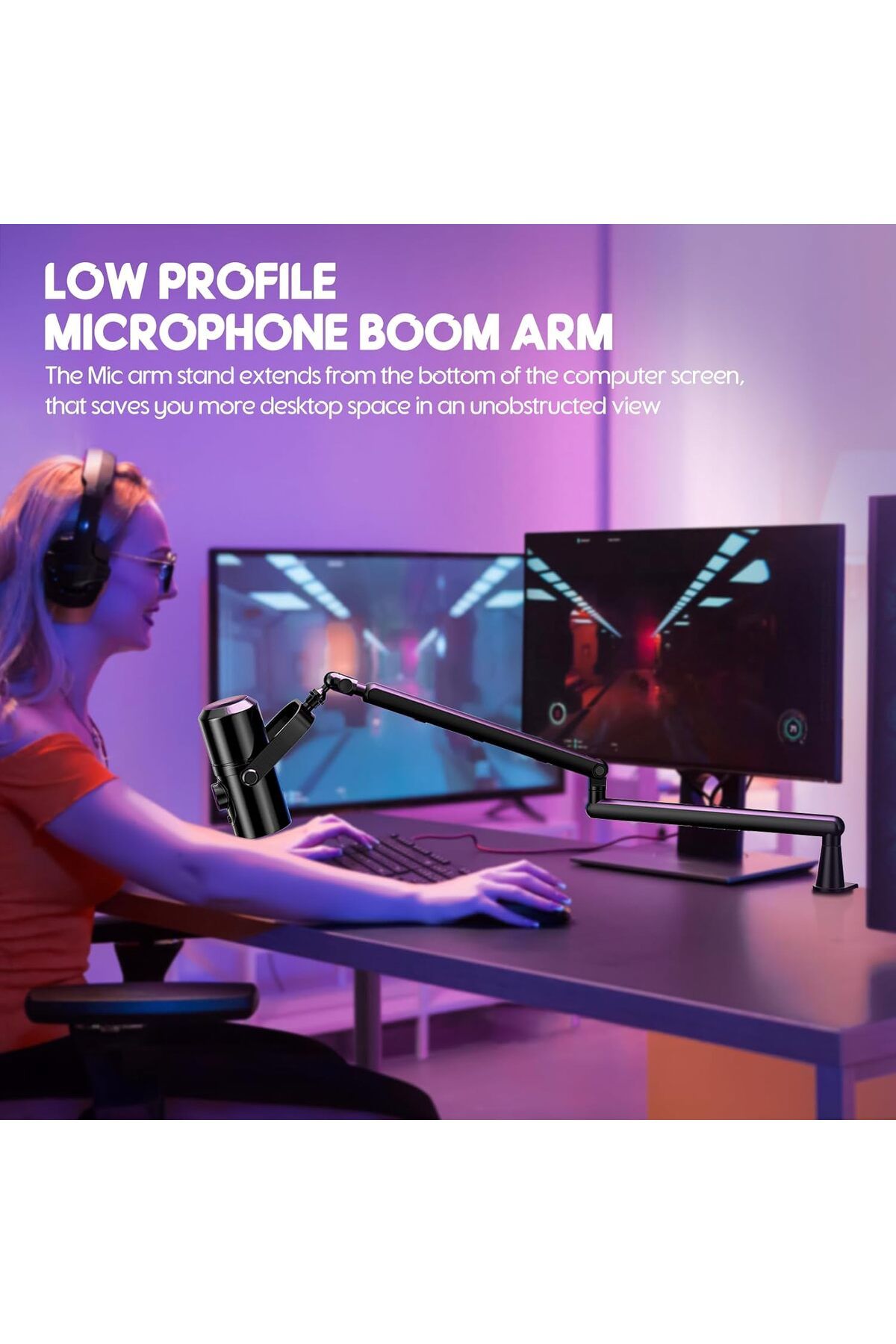 FlashHawk-Microphone Boom Arm, Low Profile Adjustable Stick Microphone Arm Stand, for Podcast Streaming Gaming 6