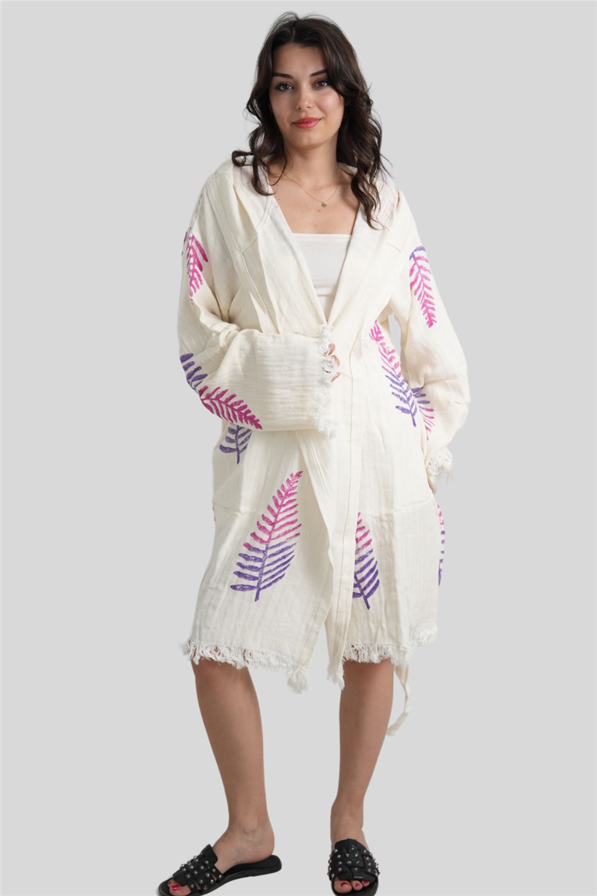 Miss Boheme Krem Mercan Desenli Müslin Kaftan