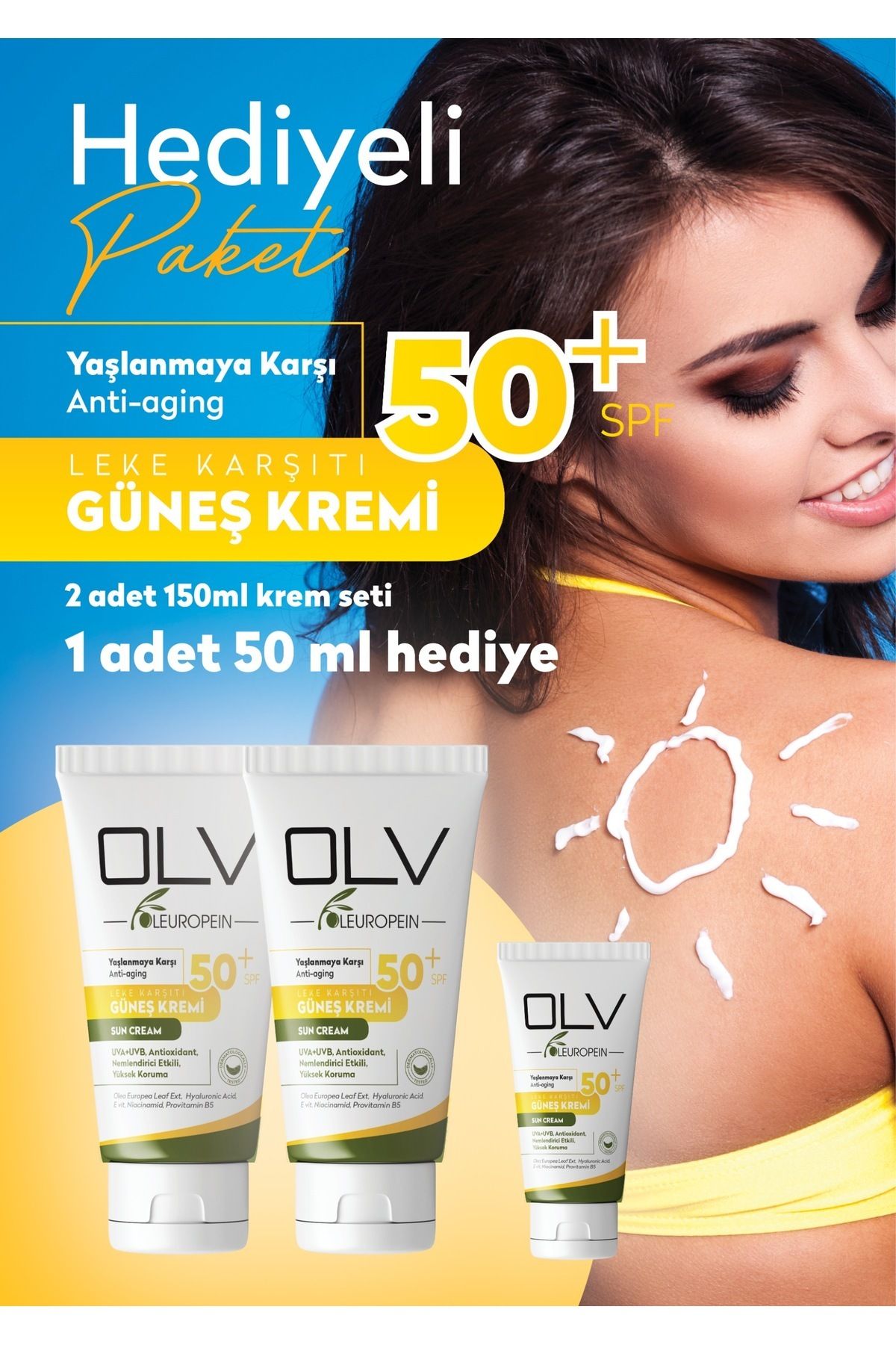 OLV Spf 50 Yaşlanma Karşıtı Leke Karşıtı Güneş Kremi Seti 2×150 ml – 50 ml Hediye Paket