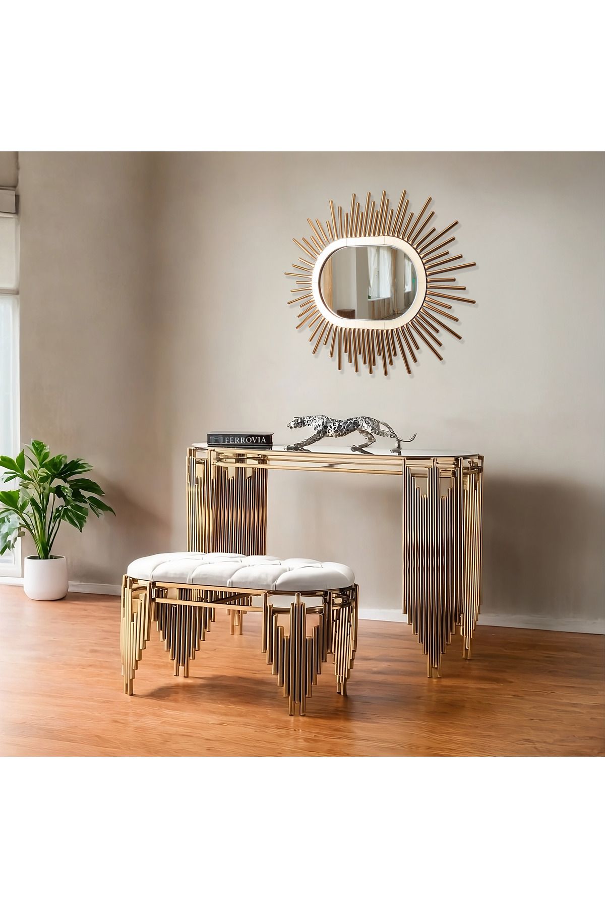 FERROVIA 120 CM GOLD KAPLAMA DRESUAR AYNA PUF SET