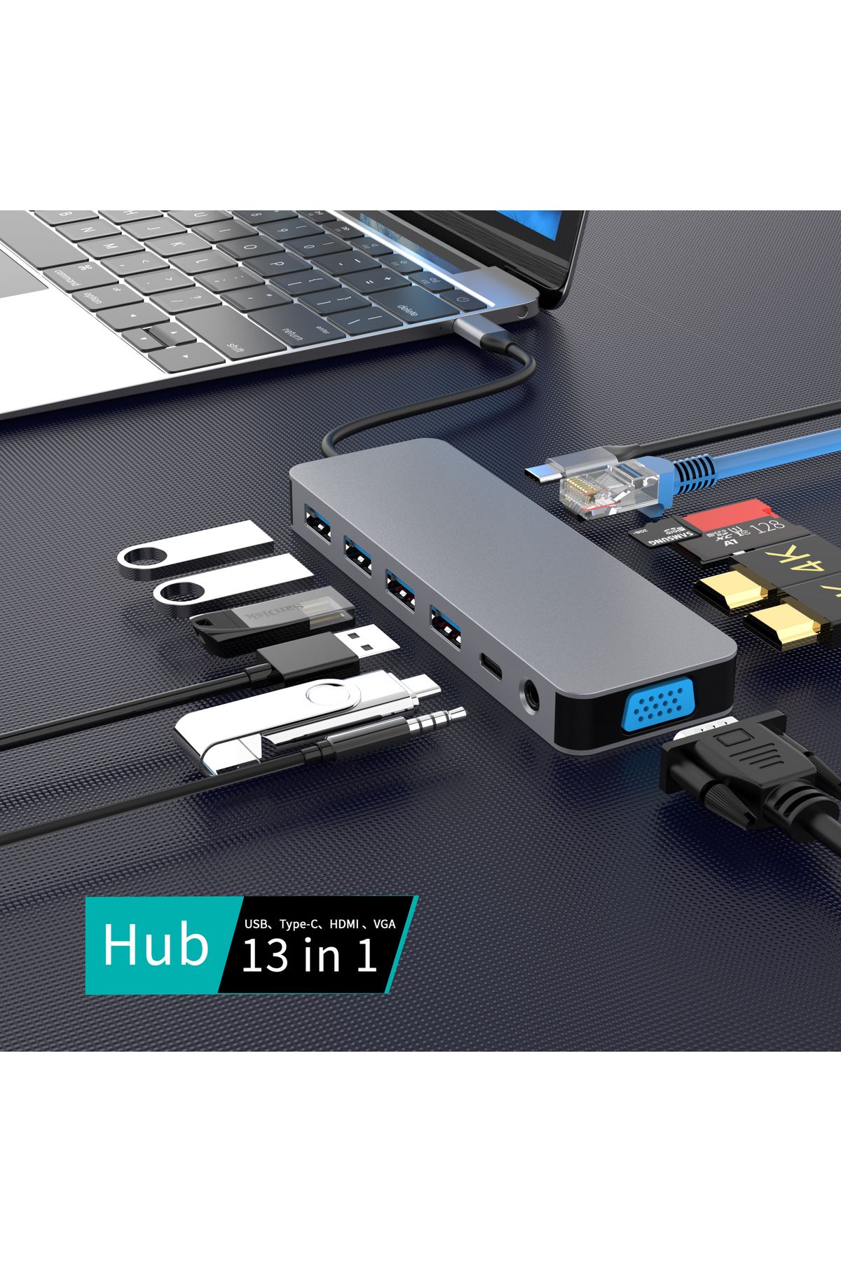 LUVLU-Hub USB C 13 in 1, 2 HDMI 4K, 1 VGA, 1 PD 100W, 1 SD/TF, 1 USB-C, 3 USB 3.0, 1 USB 2.0, Gigabit Lan 3