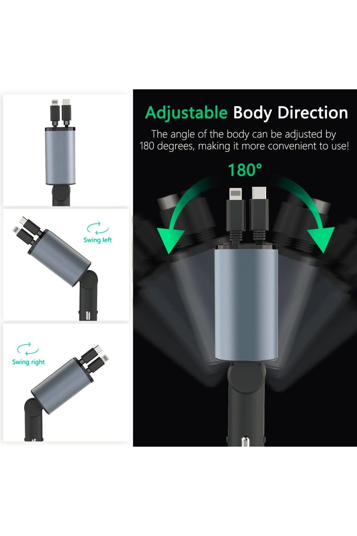 Generic-Super Fast Charge 4-in-1 Car Charger with Dual Retractable Cable, Dual Port USB C PD Fast Charging, 7