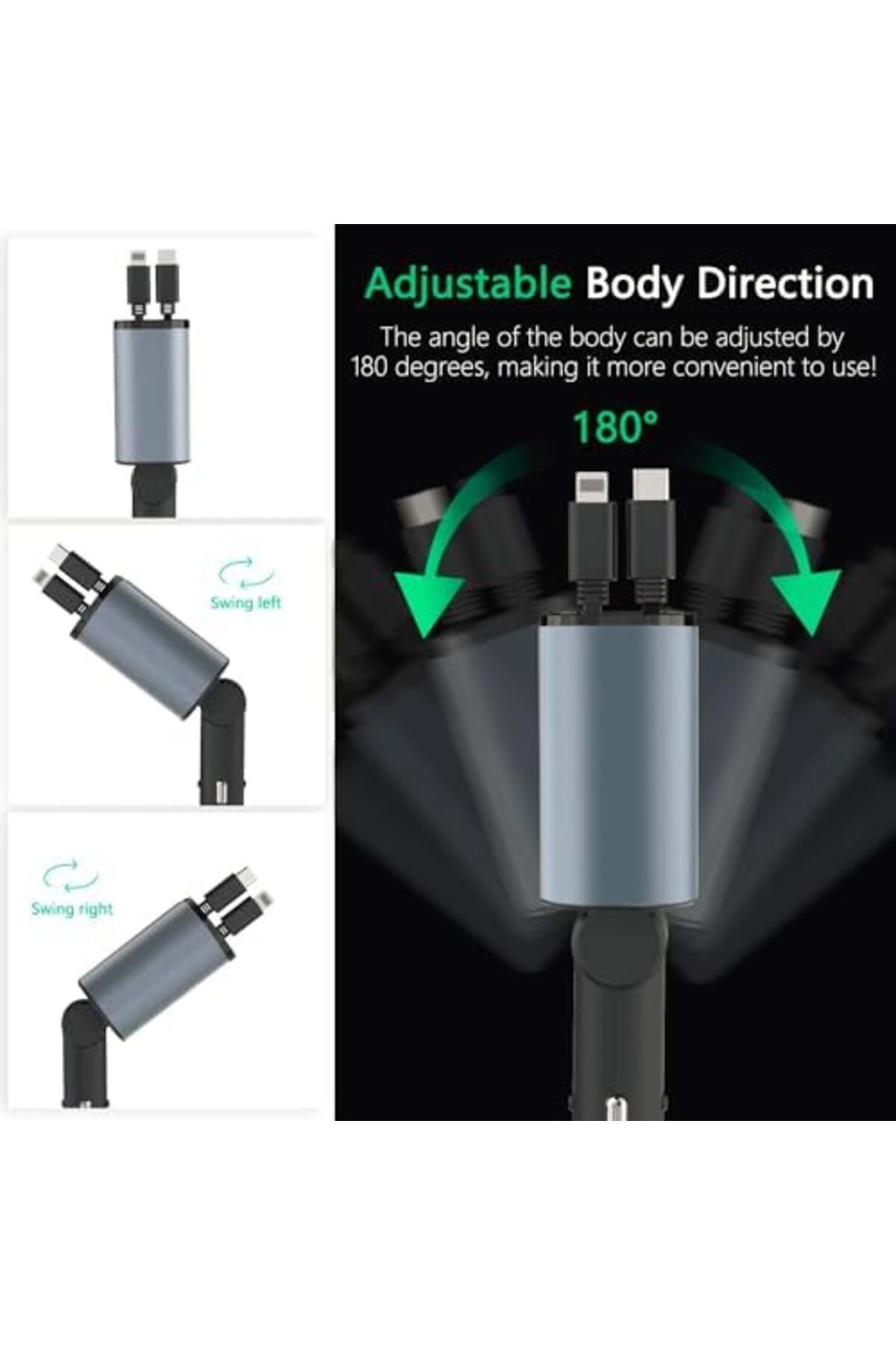 Generic-Super Fast Charge 4-in-1 Car Charger with Dual Retractable Cable, Dual Port USB C PD Fast Charging, 8
