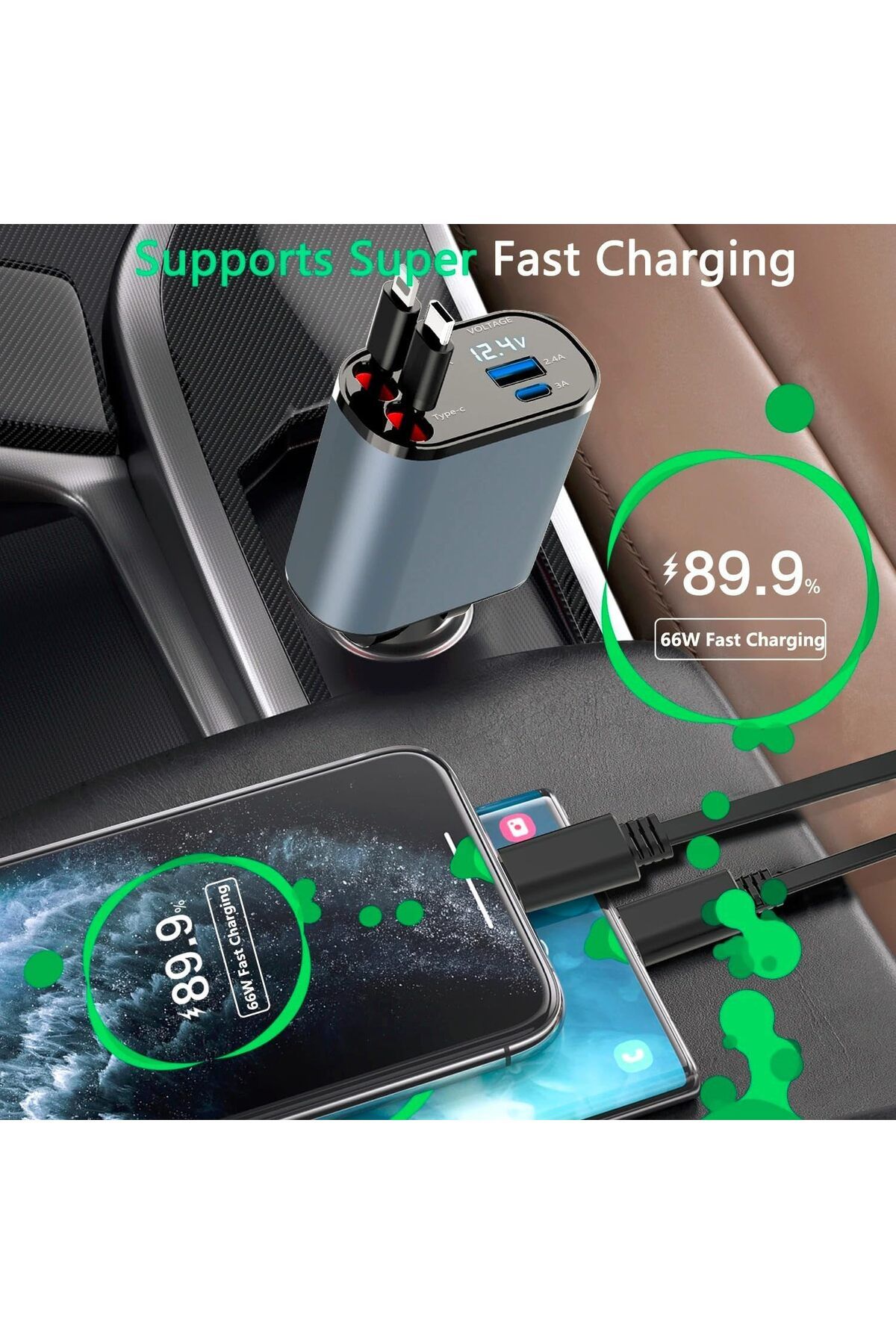 Generic-Super Fast Charge 4-in-1 Car Charger with Dual Retractable Cable, Dual Port USB C PD Fast Charging, 3