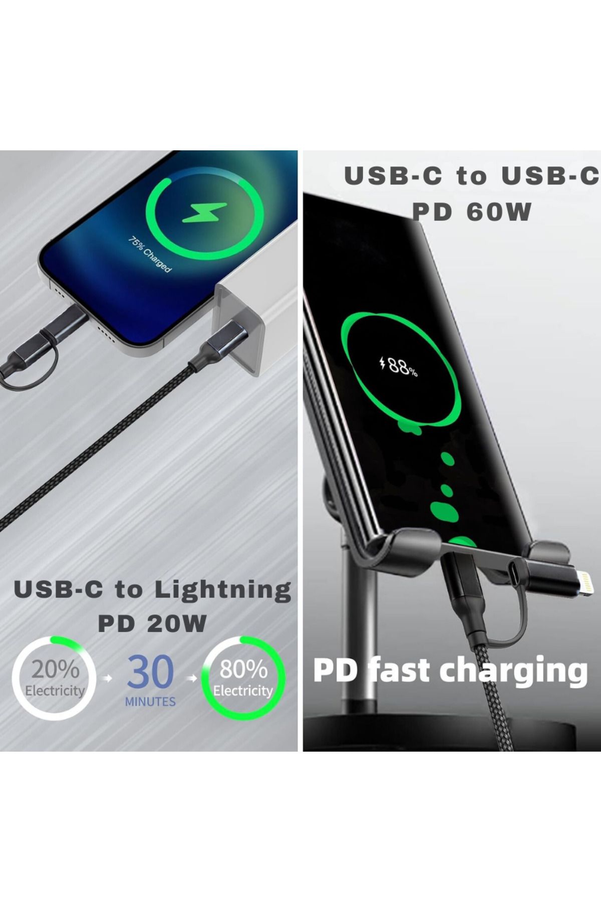 LUVLU-Cablu USB C cu încărcare rapidă, împletit, 2 în 1, max. 60 W, USB C la USB C și Lightning, universal, 1 m 5