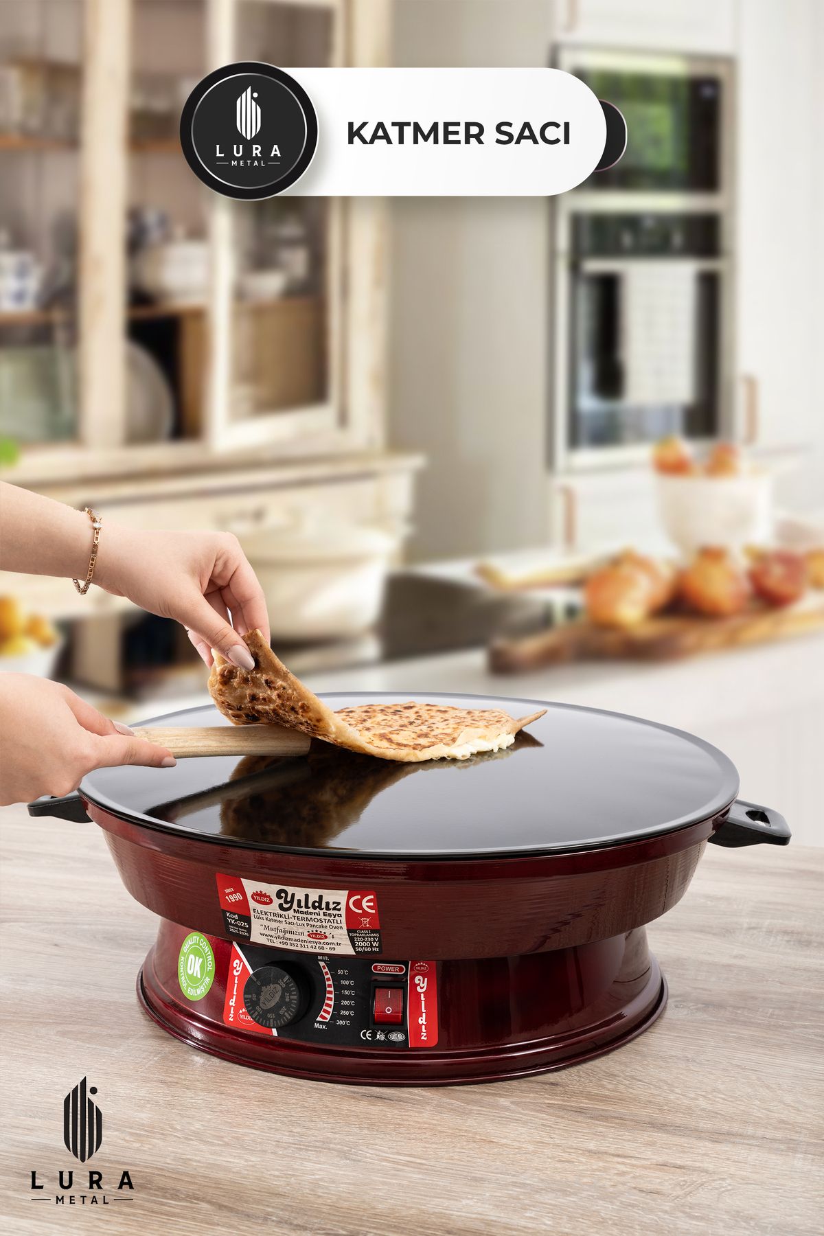 Homekolik 2000W Elektrikli Termostatlı Lüks Saç – 50 cm Ekmek, Gözleme, Börek ve Katmer Pişirme Sacı