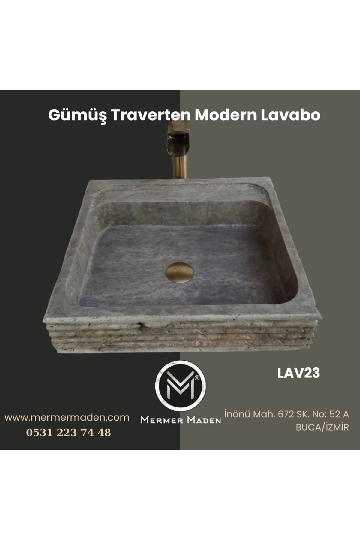 MermerMaden Gümüş Traverten Modern Lavabo