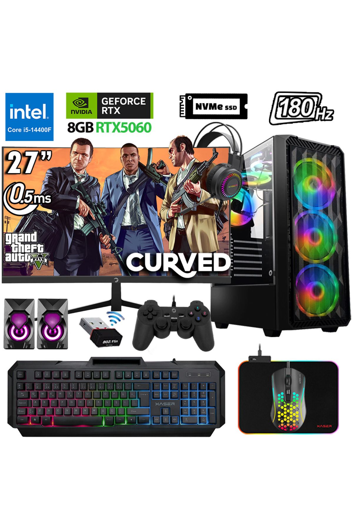 XASER Xsr1125 i5 14400F 32GB DDR5 Ram 1TB M.2 NVMe SSD 8GB RTX5060 27" 180Hz Oyuncu Bilgisayarı