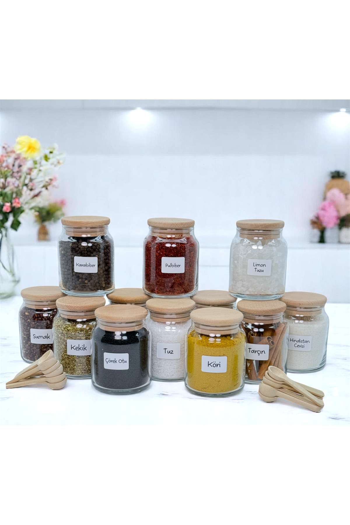 mafa home 12'li Ahşap Bambu Vakum Kapaklı Cam Baharat Seti 300 Ml Etiket Ve Kaşık Hediyeli