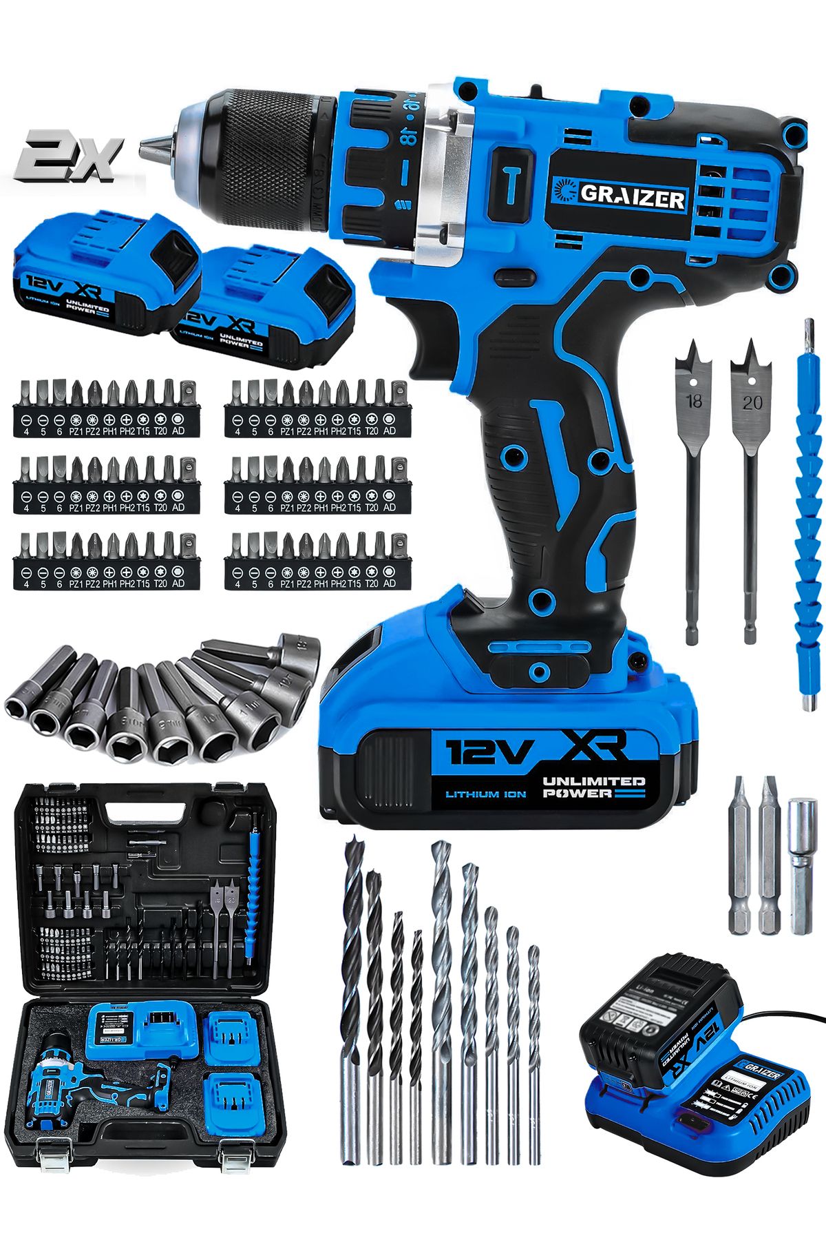 Graizer Powerforge 12v Çift Akülü Vidalama Metal Şanzıman-Metal Mandren Şarjlı Matkap-Mavi