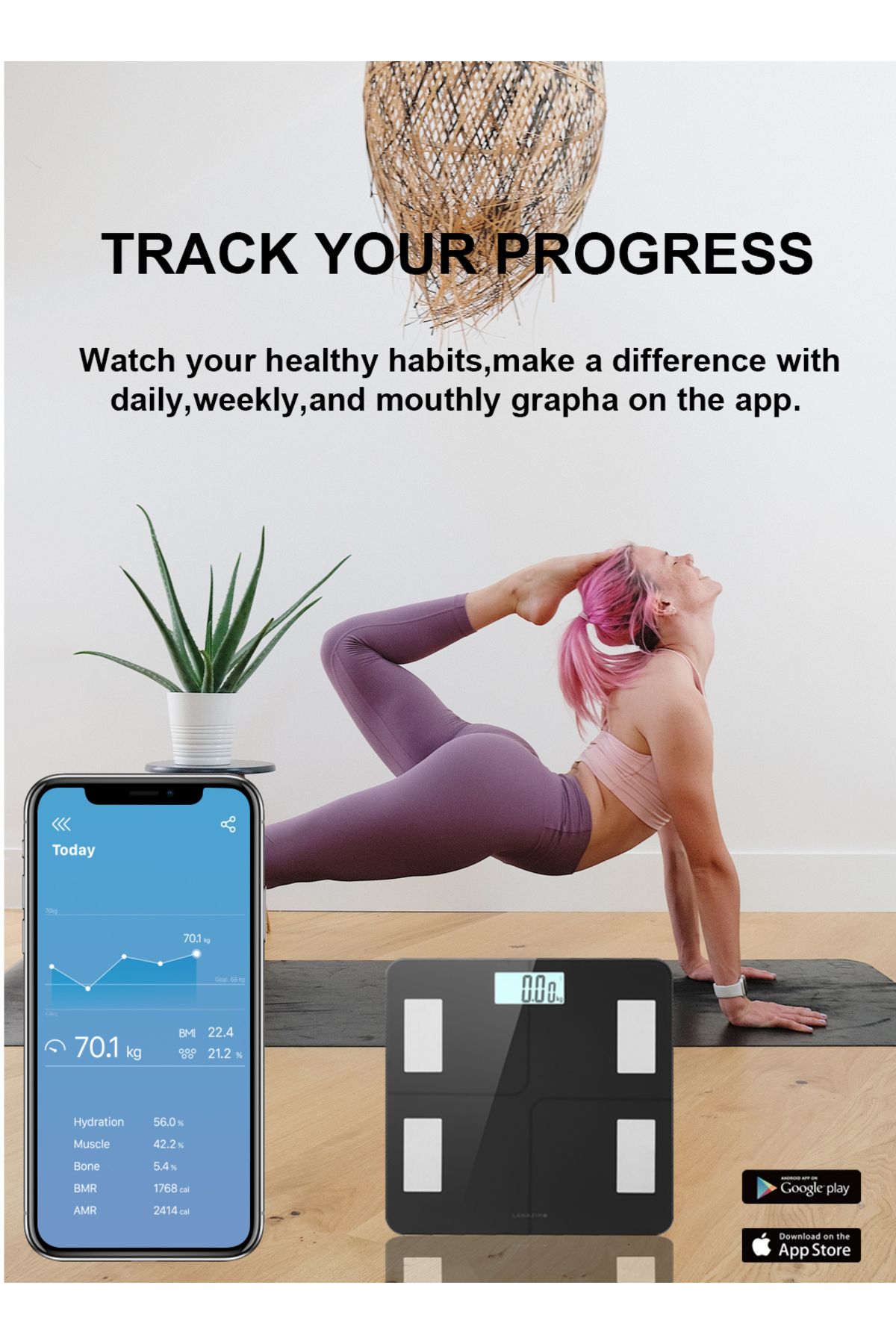 Lawazim-ميزان شخصي رقمي مزود بتقنية البلوتوث - ميزان ذكي لقياس دهون الجسم بإضاءة LED، 13 مقياسًا، مزامنة التطبيق 6