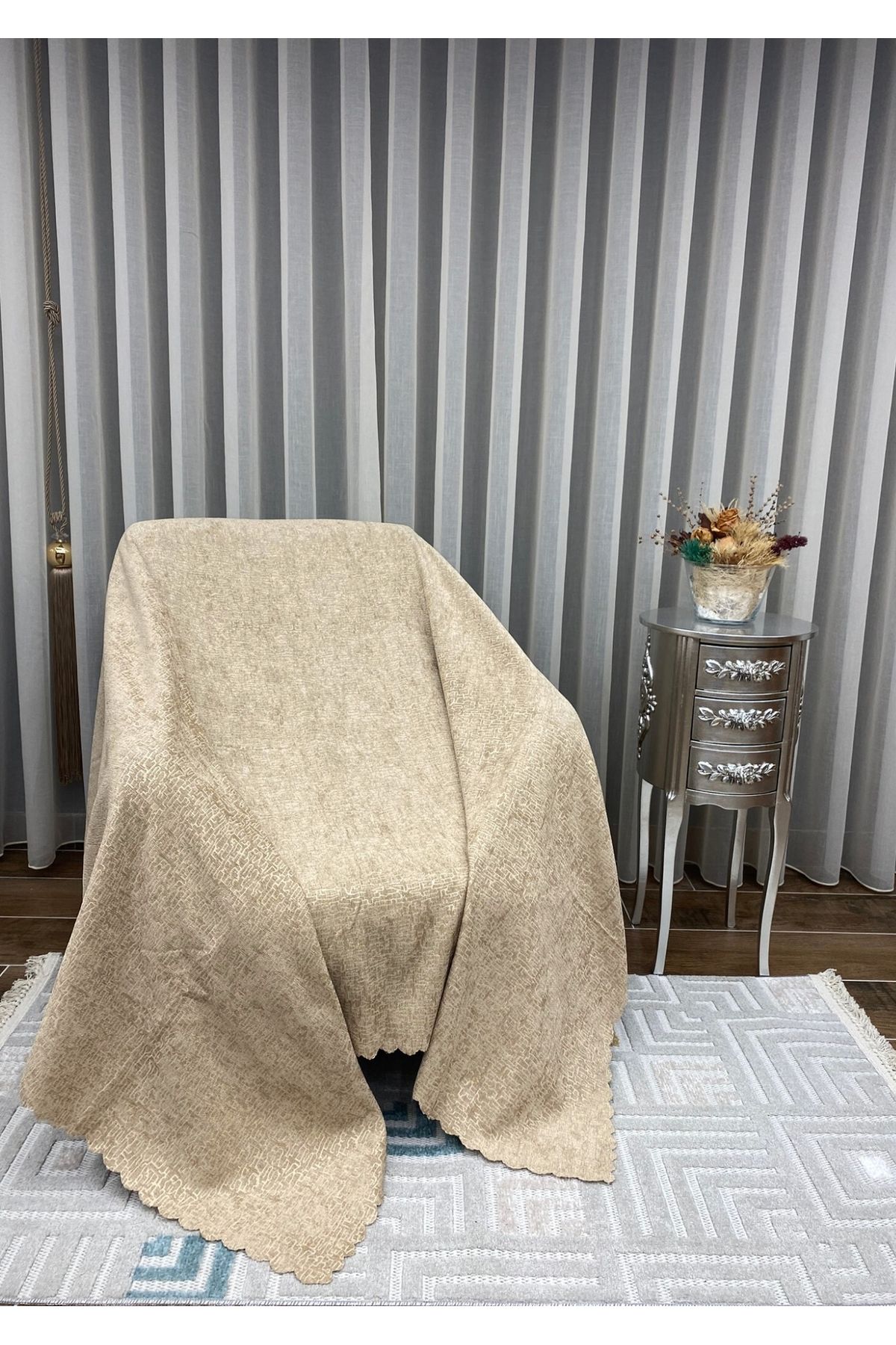 Sivalde Şönil Sütlü Kahve Modern Koltuk Örtüsü, Kaymaz Salon Çekyat/Kanepe Örtüsü