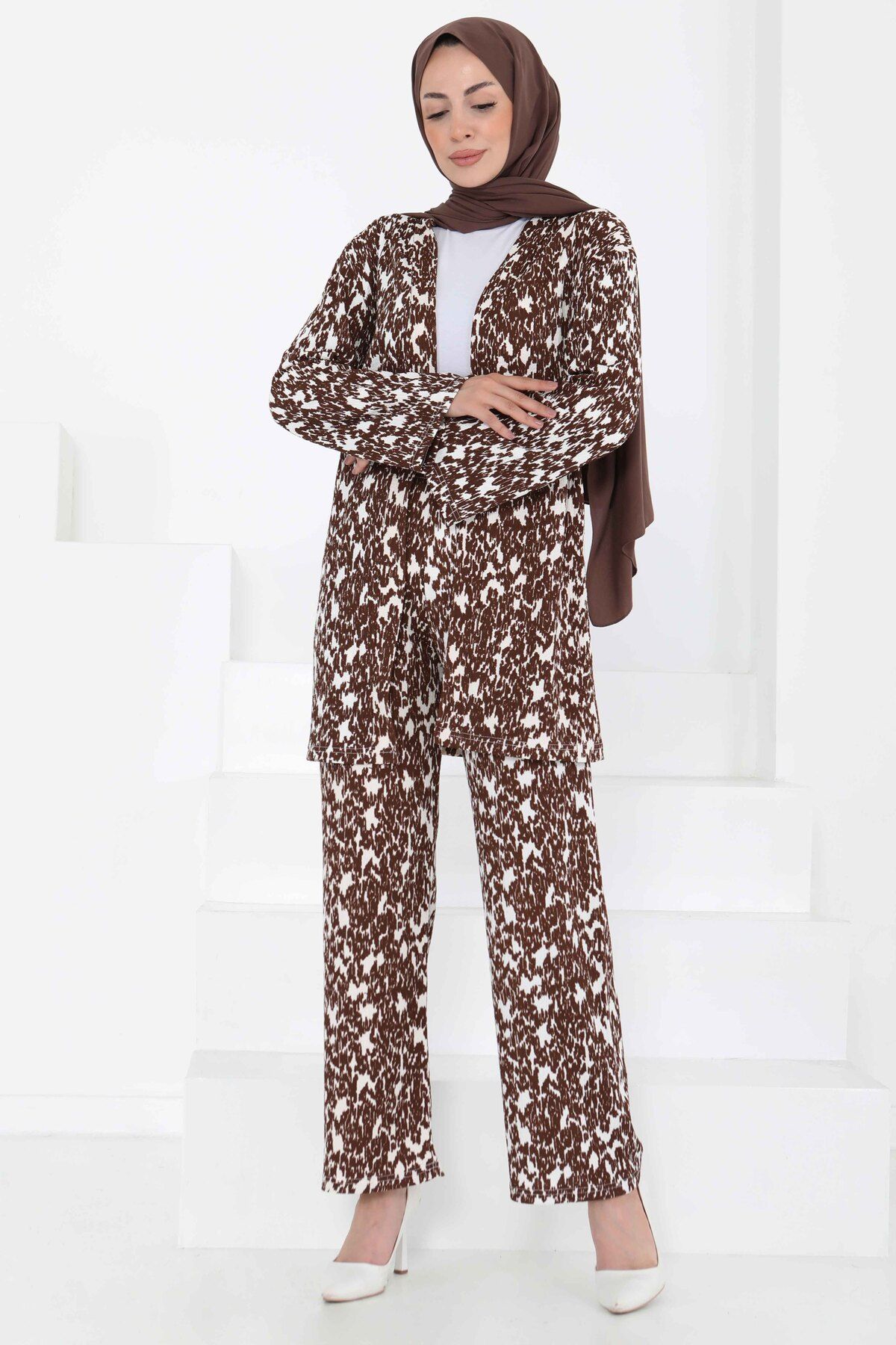 TOFİSA Desenli Kimono Takım Kahve - 27132