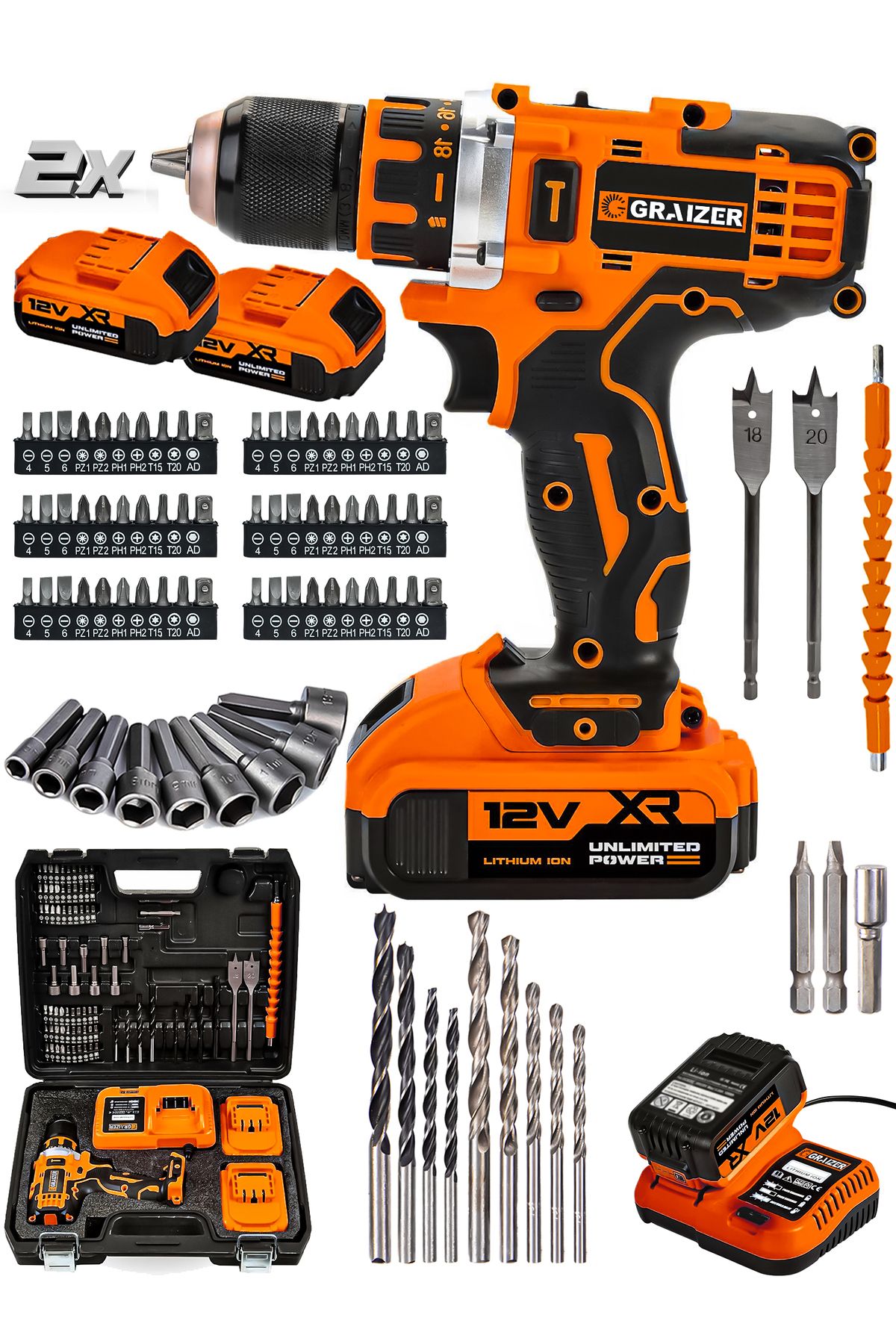 Graizer Powerforge 12v Çift Akülü Vidalama Metal Şanzıman-Metal Mandren Şarjlı Matkap-Turuncu