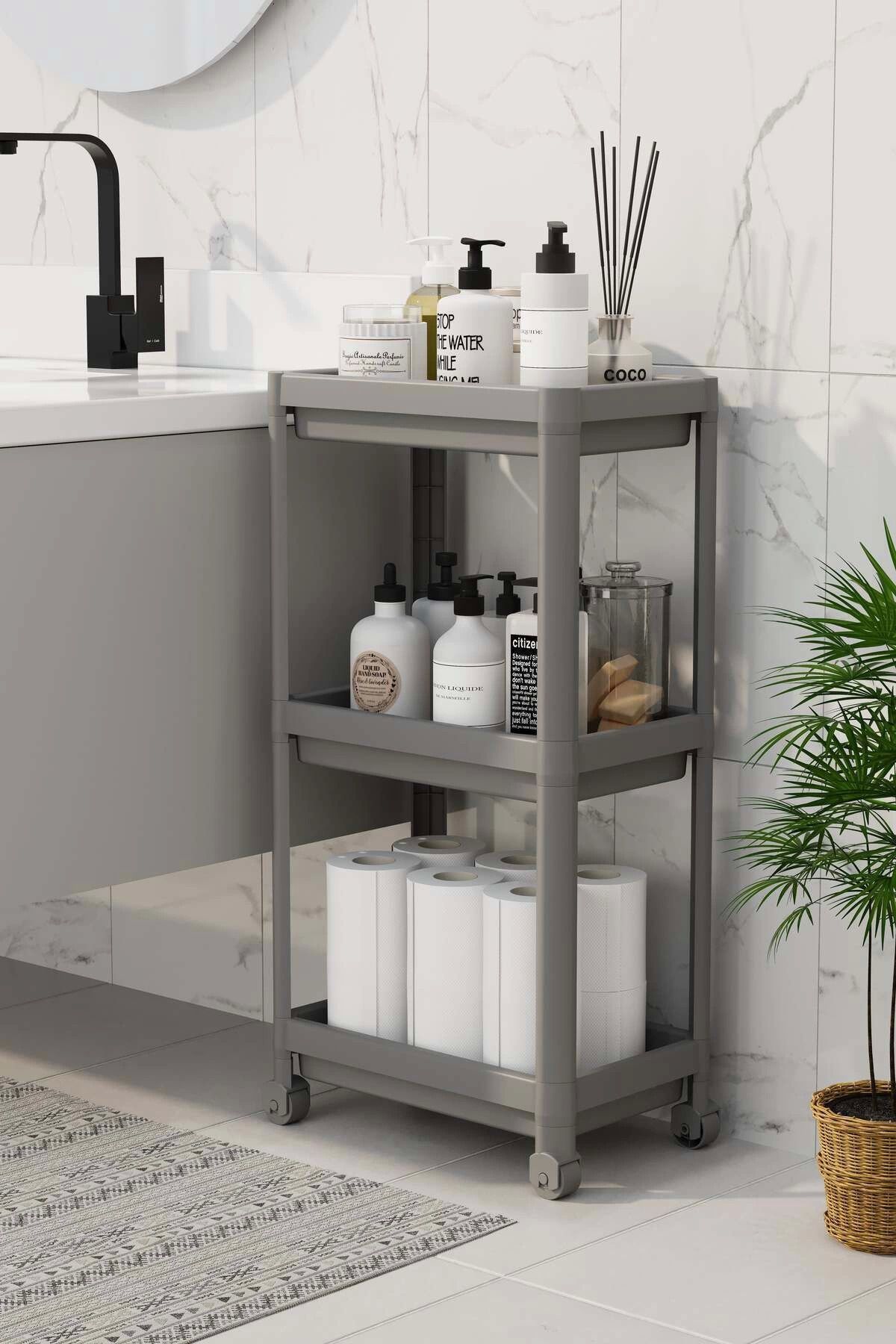hayalimsah 3 Katlı Banyo Raf Ünitesi – Beyaz Gri Şampuanlık ve Havluluk Düzenleyici