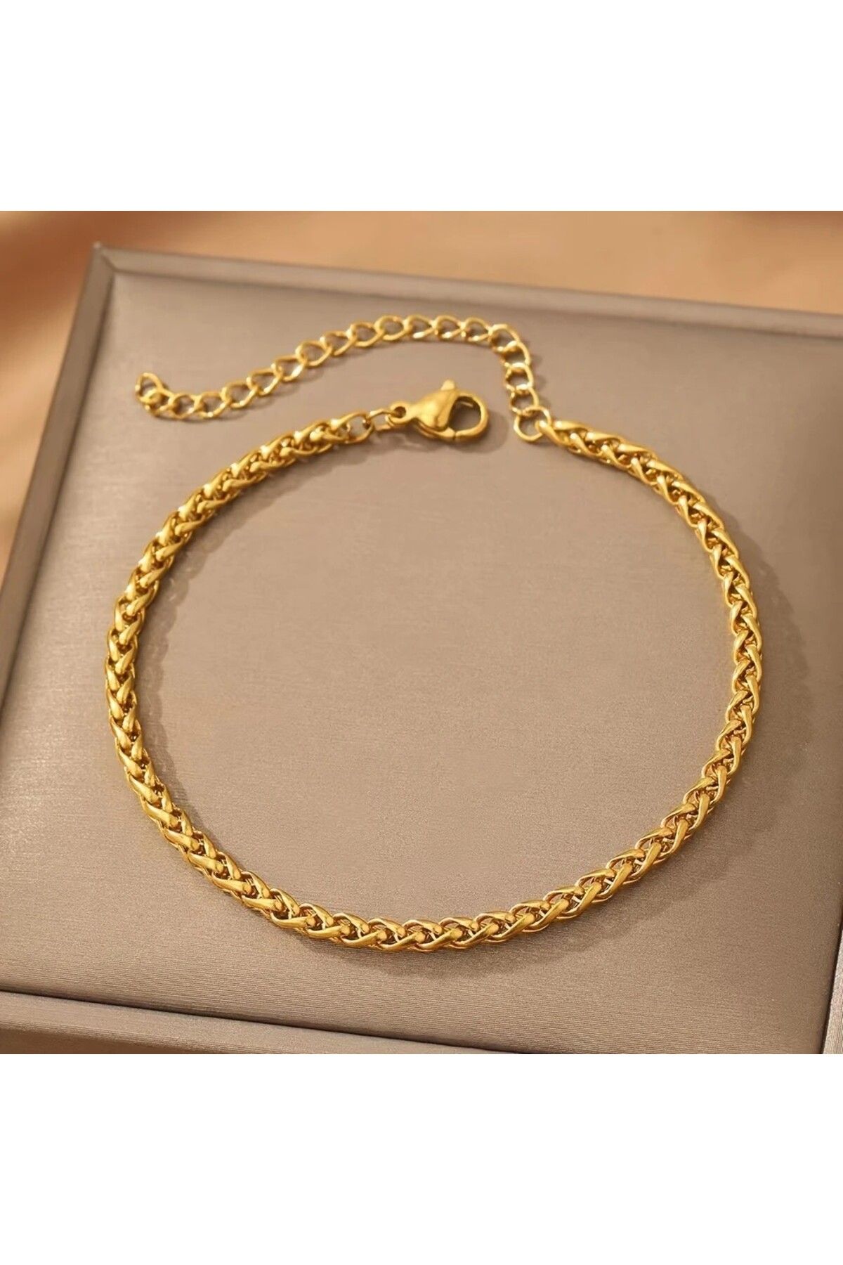 Tasarım Çelik Bileklik Burgu Zincir Model 2 mm Kalınlık 18 cm Uzunluk 6 cm Ek Ayarlanabilir Altın Sarısı