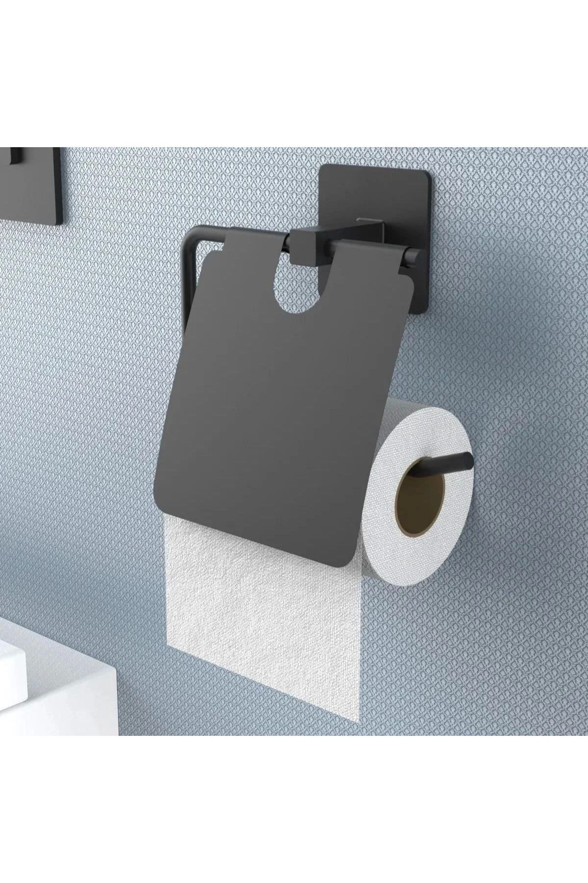 ÖYKÜ VE YİĞİT Kendiliğinden Yapışkanlı Siyah Paslanmaz Metal Kapaklı Tuvalet Kağıtlığı Aparatı