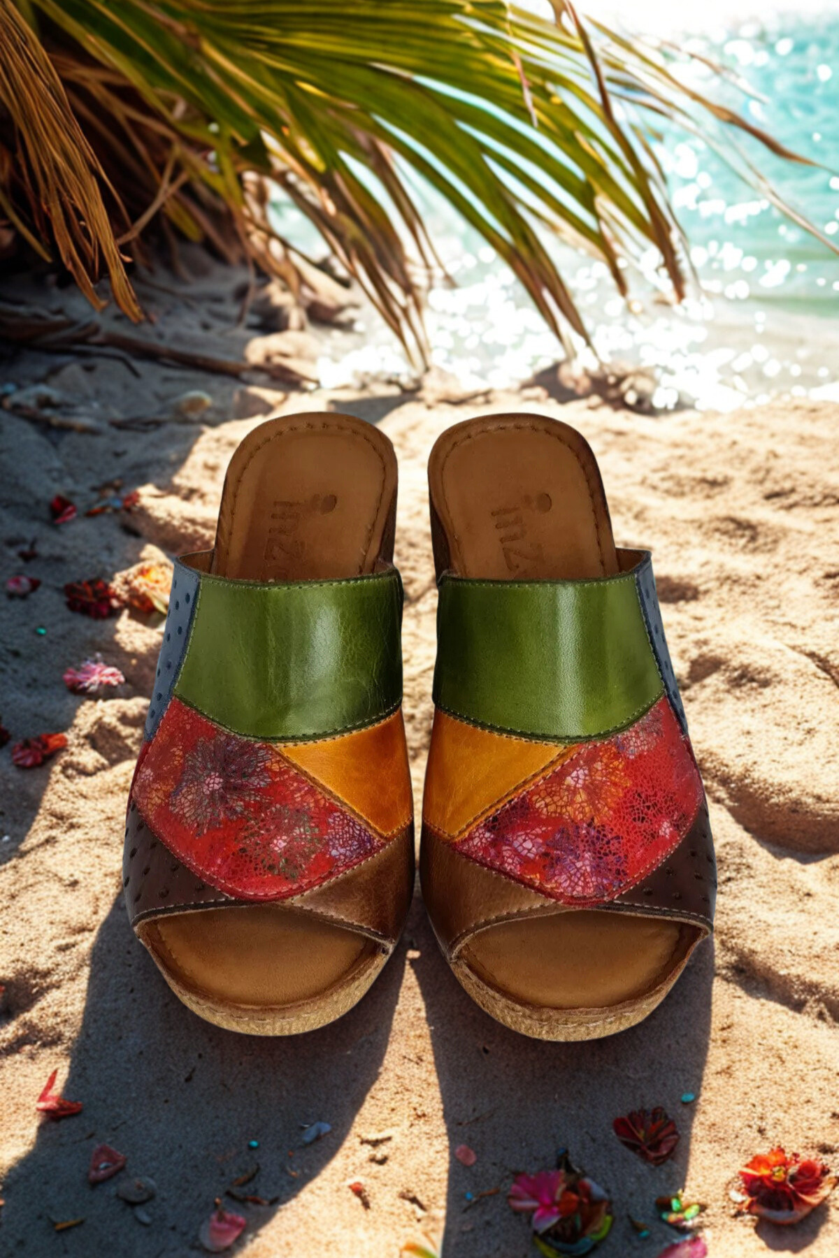 ◆Hydrangea4936◆ İNZE AYAKKABI Multicolored Green Genuine Leather Slippers-model