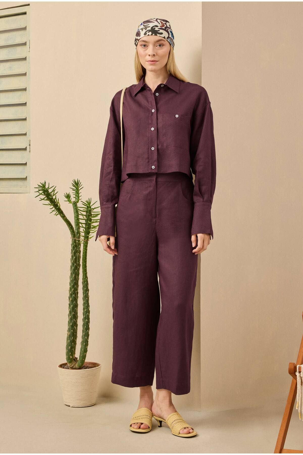 HEQA-Λινό Crop Πουκάμισο Claret Red 7