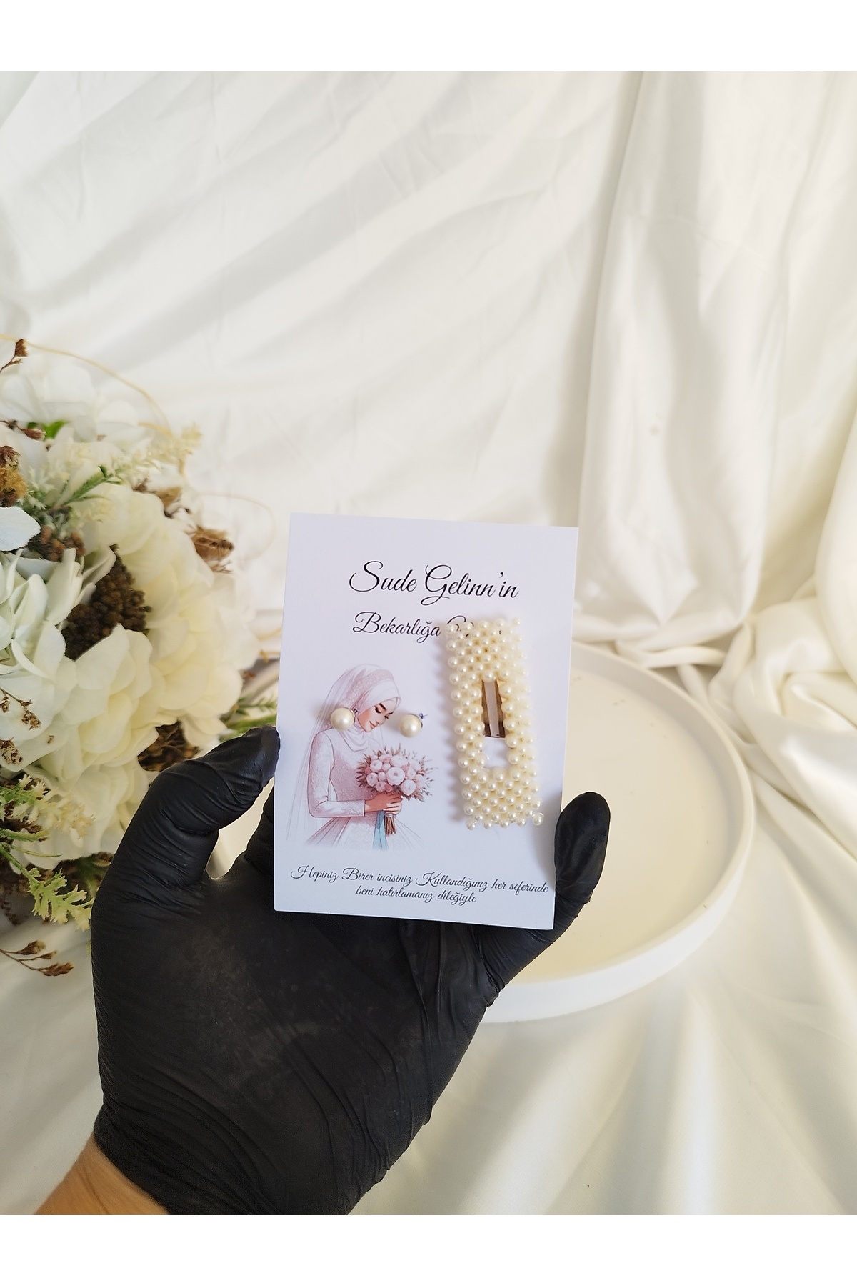 LADYBİRDTASARIM Kişiye özel Kartlı inci küpe ve toka seti kına gecesi bekarlığa veda 15 adet