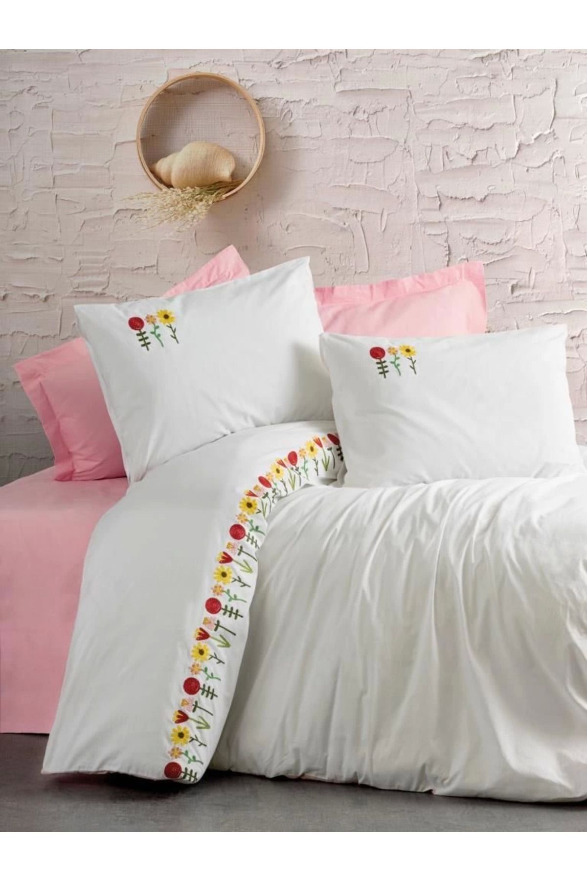 ÖYKÜ VE YİĞİT Cotton Box Brode Ranforce Çift Kişilik Nevresim Takımı Mina Pembe