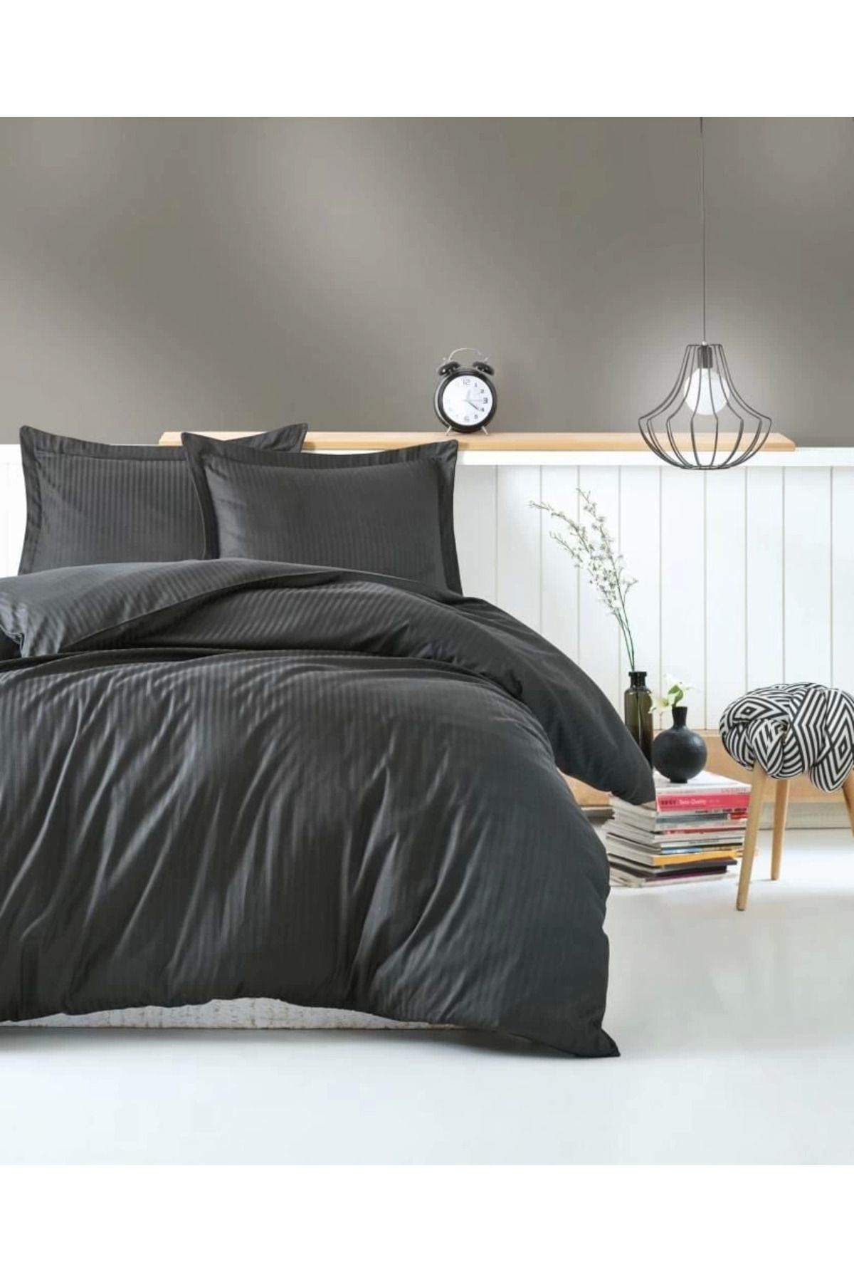 hayalimsah Cotton Box Çift Kişilik Saten Nevresim Takımı Elegante Stripe Antrasit